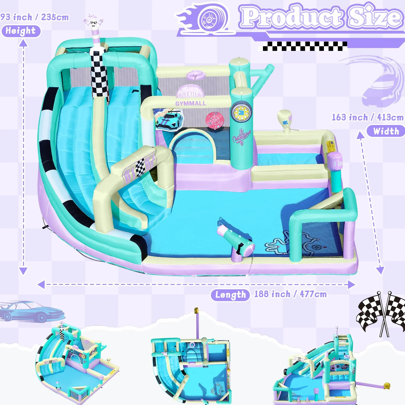 Castillo Inflable de Carreras para Niños, Gran Castillo Inflable 12 en 1 con Soplador de 750W, Doble Tobogán de Agua, Splash Pool, Zona de Salto, Apto para Interiores y Exteriores