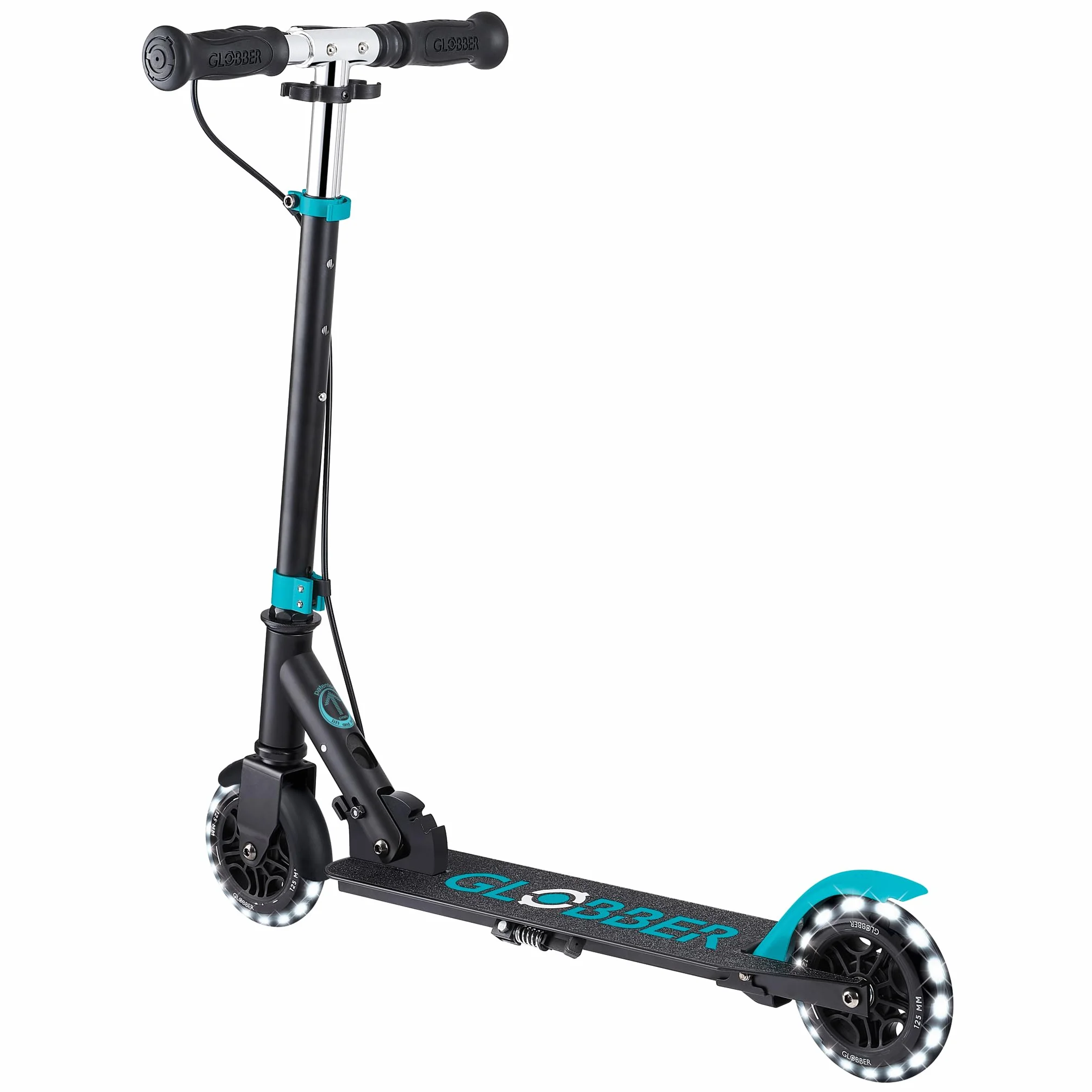 Globber - Flow Element Junior Lights - Patinete Plegable de 2 Ruedas con Freno Trasero, Manillar Ajustable y Luces LED, para niños Desde los 4 años - Azul Turquesa