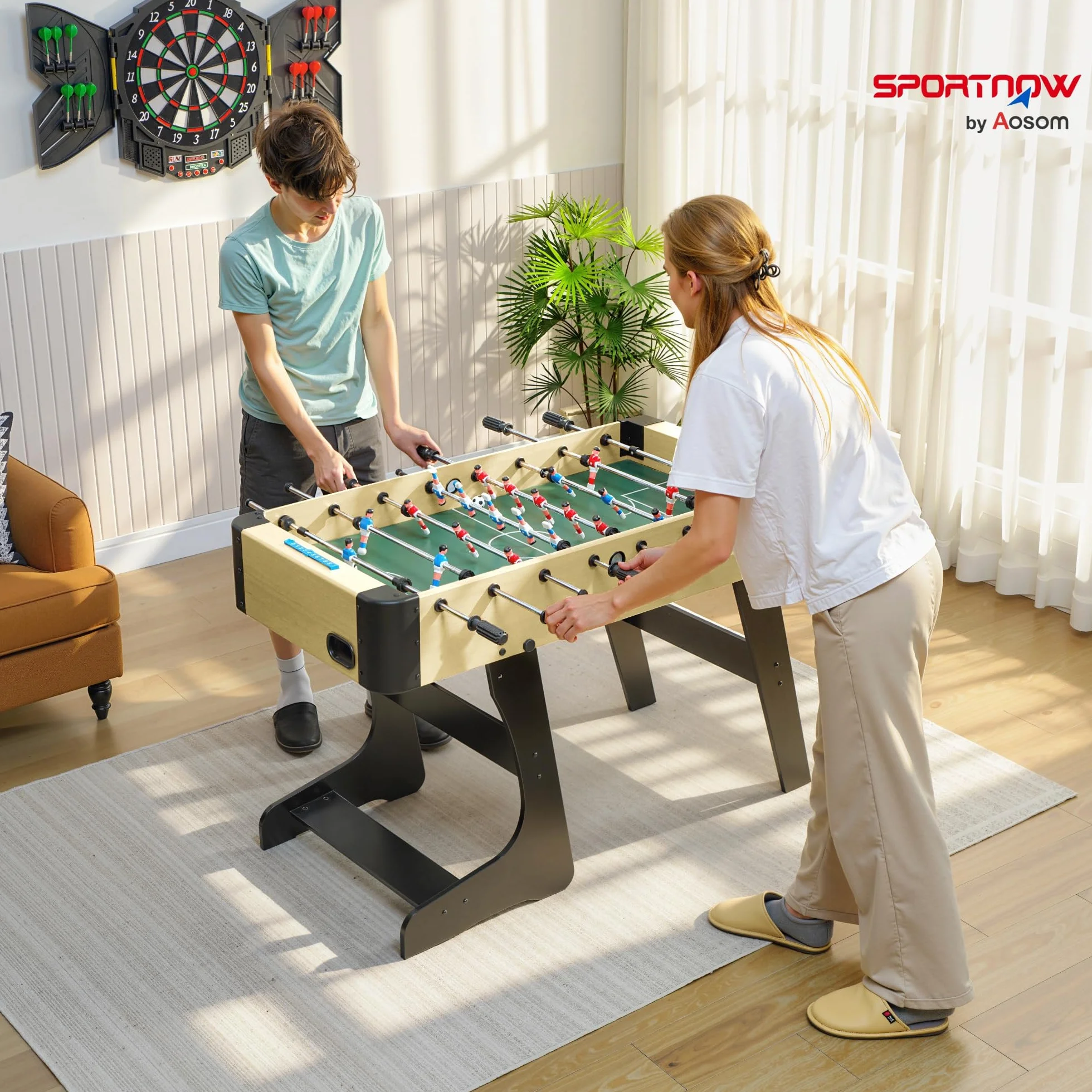 SPORTNOW Futbolín para Niños Plegable, Mesa de Futbolín de Madera con 2 Marcadores, 8 Asas, 22 Jugadores, 8 Barras y 2 Bolas, para 2 a 4 Personas, Adultos, Familias, Fiestas, 118x107,5x78 cm, Natural
