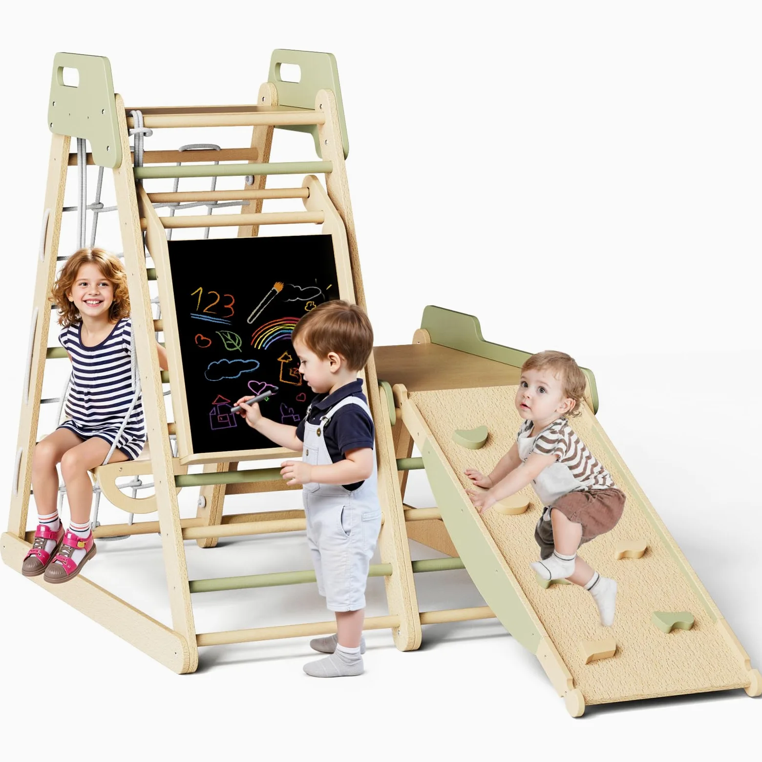 Triángulo de Escalada Infantil 12 en 1 Gimnasio Montessori Psicomotricidad Parque Interior para Niños Estable Conjunto de Juguetes de Madera con Tobogán, Muro, Red, Balancearse, Pizarra 1+ Años