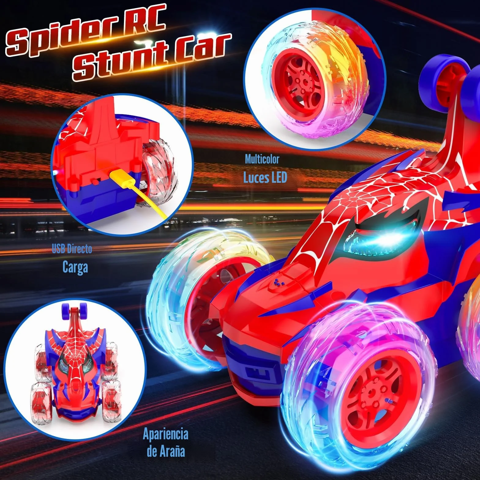 Coche Teledirigido Spider 2.4Ghz Radiocontrol Monster Truck con Luces RC Juguetes Niños 3-12 Años 360°