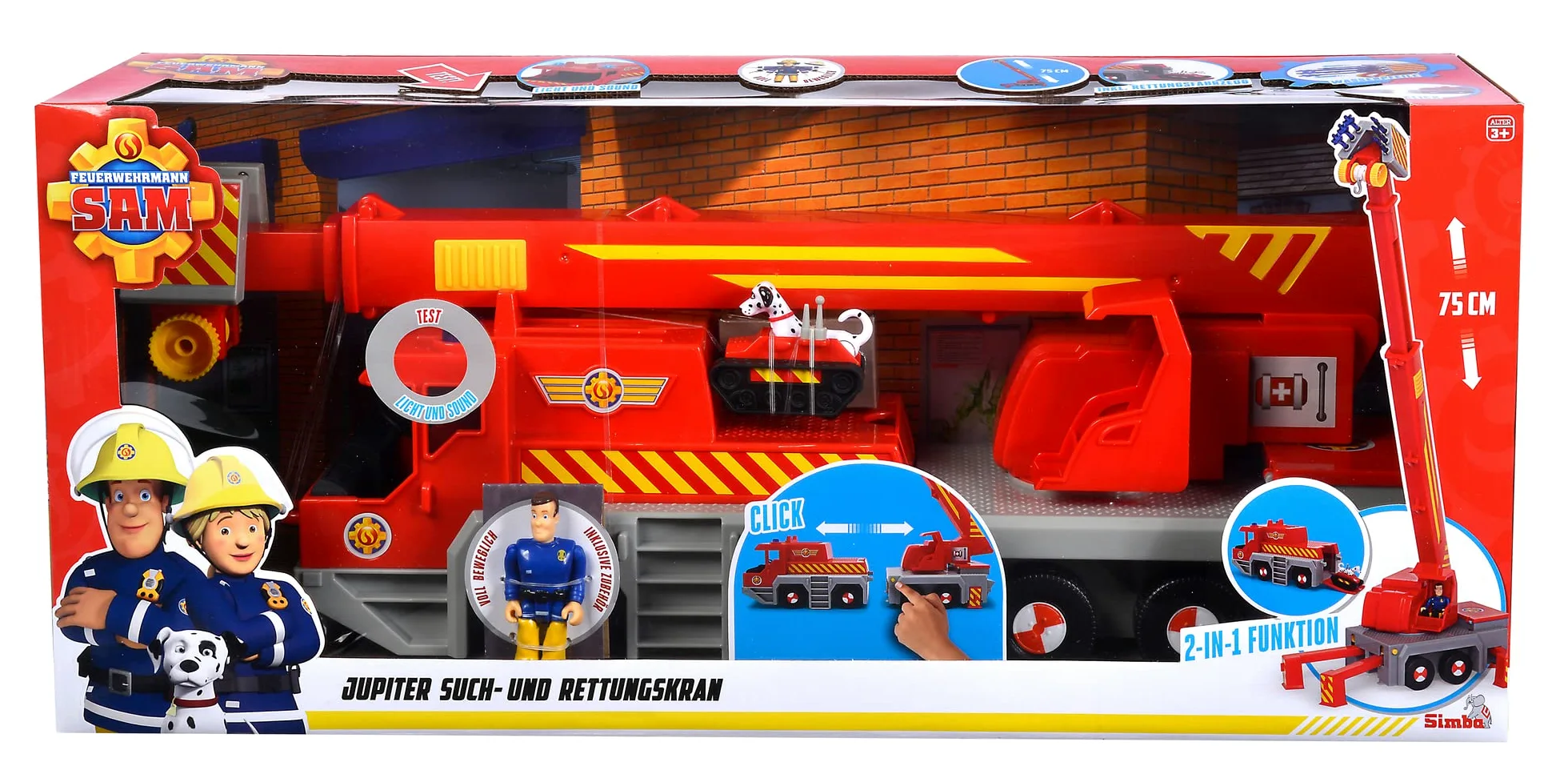 Simba 109252517 - Grúa de Juguete de Sam Bombero (50 cm) - Vehículo de Rescate 2 en 1 (Coche y grúa) para niños a Partir de 3 años, con cabrestante, Figura, luz y Sonido (Incluye Pilas)