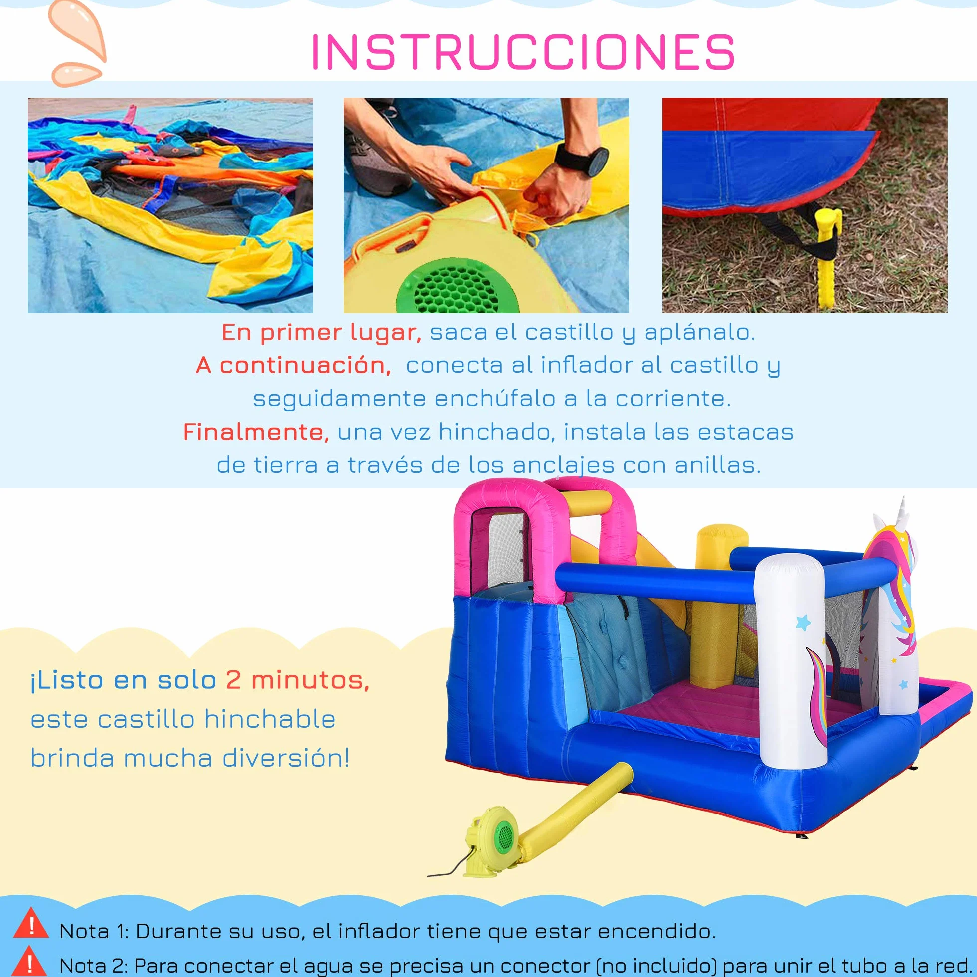 Outsunny Castillo Hinchable para Niños Castillo Inflable Infantil en Forma de Unicornio Parque Acuático con Tobogán Piscina Cama de Salto Inflador y Bolsa de Transporte 360x305x210 cm para 3-8 Años