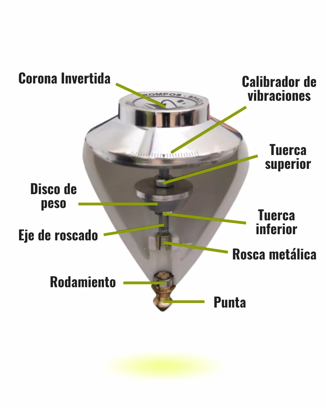 TROMPOS SPACE - Trompo Profesional Júpiter Roller de Gran Diámetro, Peonza con Punta Roller de Doble Rodamiento, Centro de Gravedad Modulable y Tapa Calibrable, Cuerda y Packaging Oficial, Color Plata