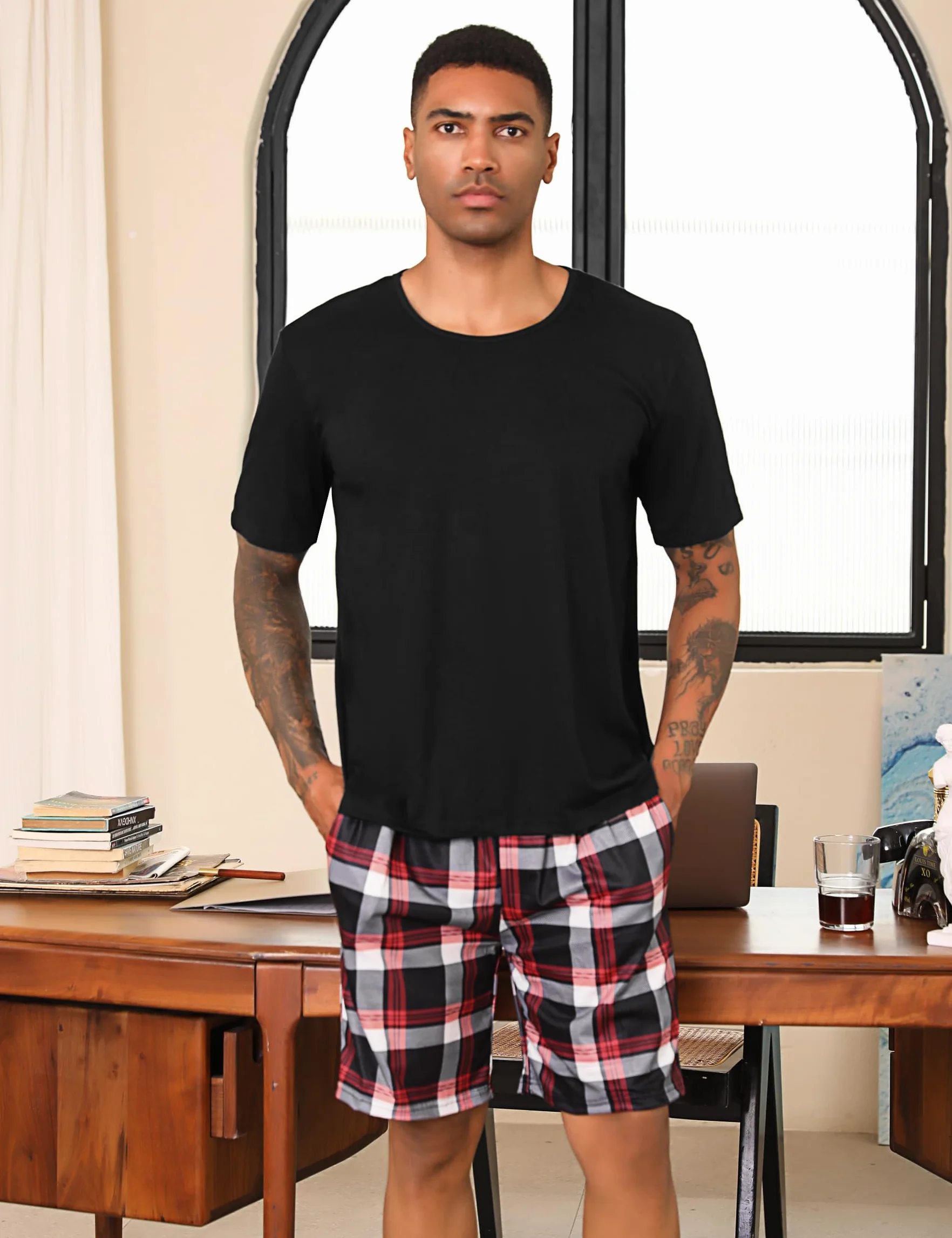 Uniexcosm Pijama Hombre Corto Algodón Cuadros 2 Piezas Cuello Redondo con Bolsillo