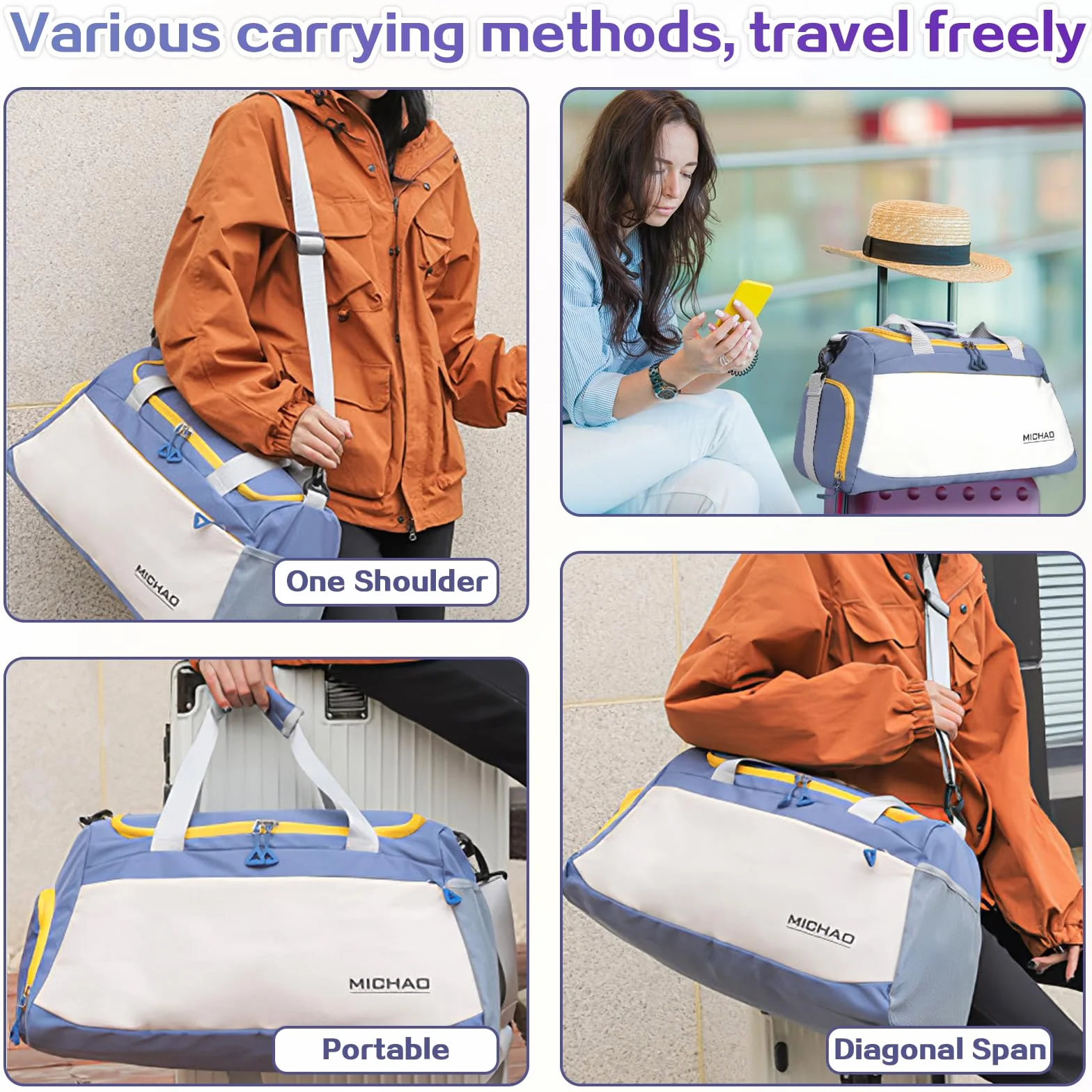 Bolsa Deporte Mujer Grande con Compartimento Zapatos y Mojado, Bolsa Viaje Mochila Gimnasio, Blanco+Azul