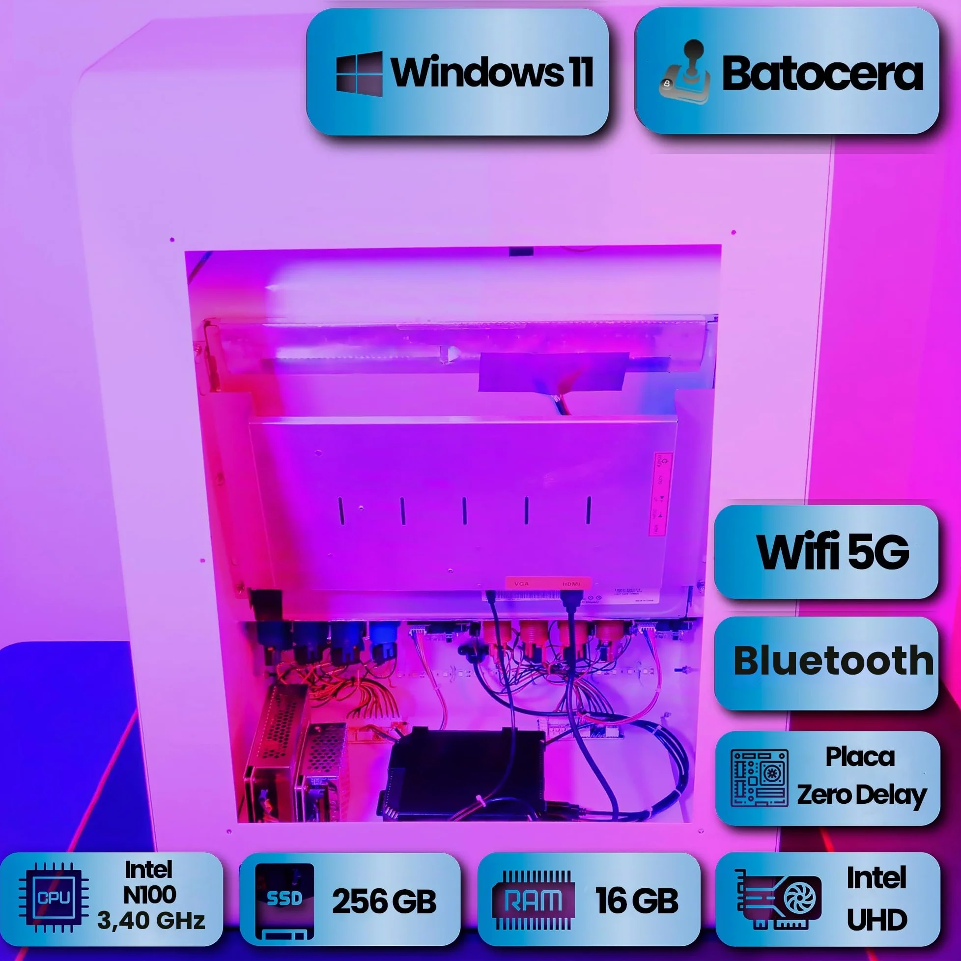 Arcade recreativa, Construida en Acero, 8 Botones Arcade de Tipo Americano, Intel N100 16GB RAM y 256GB SSD, Dual Boot Windows 11 y Batocera, Podrás añadir tu Propia librería Steam, Modelo Blanco