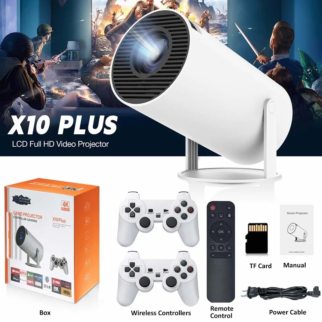 TechBrix X10 Plus - Consola de juegos retro con proyector, proyector de juegos retro 4K HD con 2 controladores inalámbricos, salida HDMI, WiFi