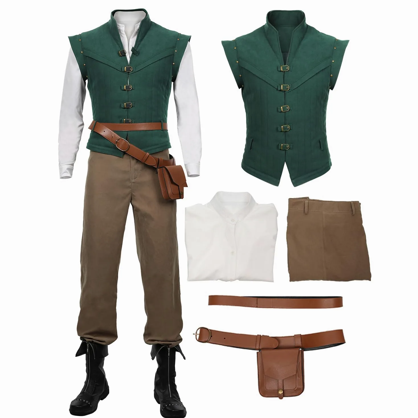 Flynn Disfraz de cosplay medieval príncipe camisa chaleco pantalones cinturón renacentista steampunk pirata traje retro cuello alto chaleco hombre Halloween carnaval disfraz