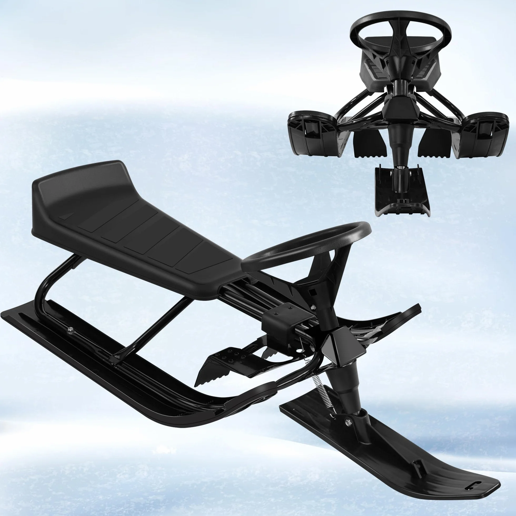 Laneetal Trineo de Dirección con Volante, Esquí Infantil con Asiento y Cuerda de Remolque, Estructura de Metal, Trineos para Niños y Jóvenes, Trineo de Patín con Resorte de Suspensión, Freno de Pie