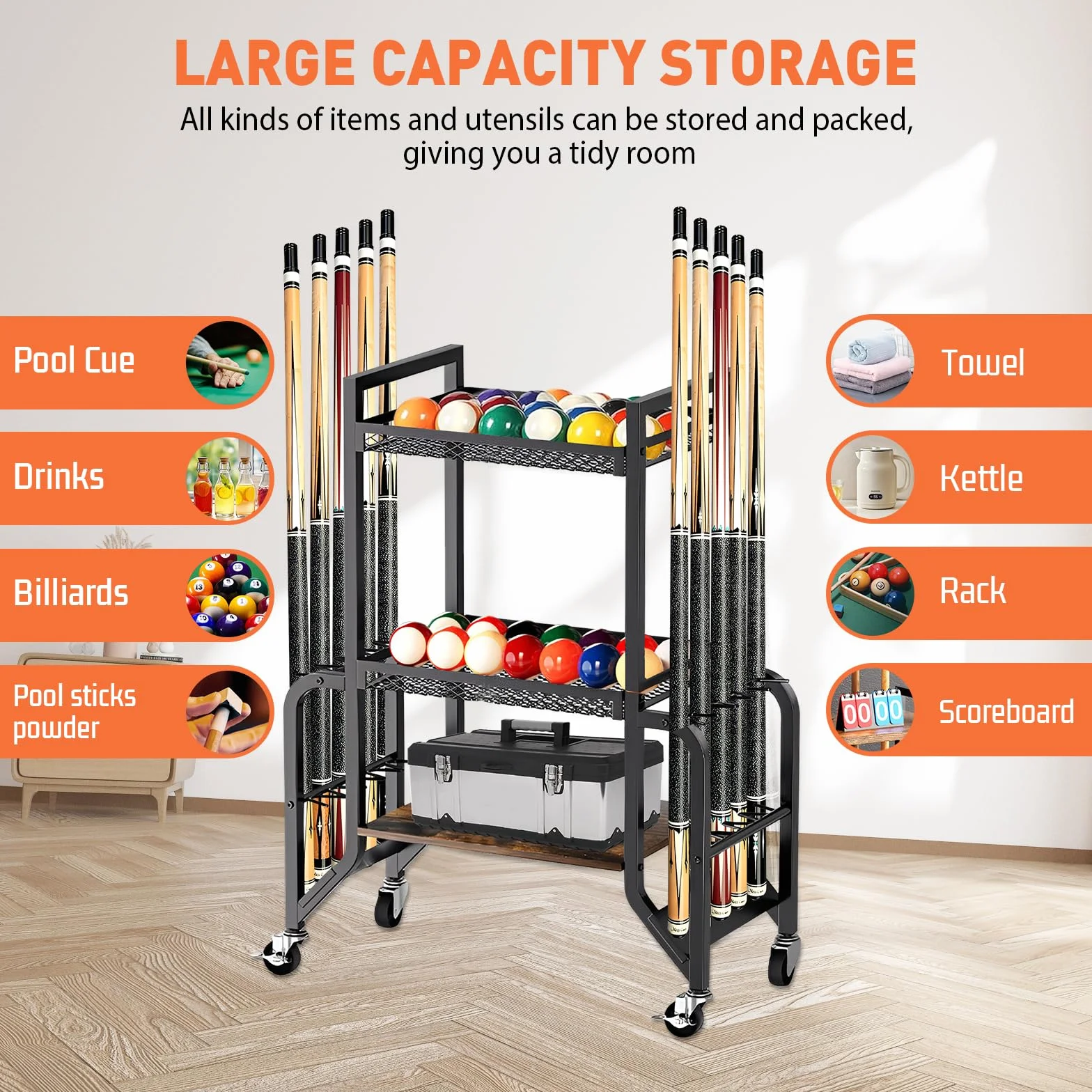 Soporte para taco de billar de 3 pisos para 10 bastones con ruedas