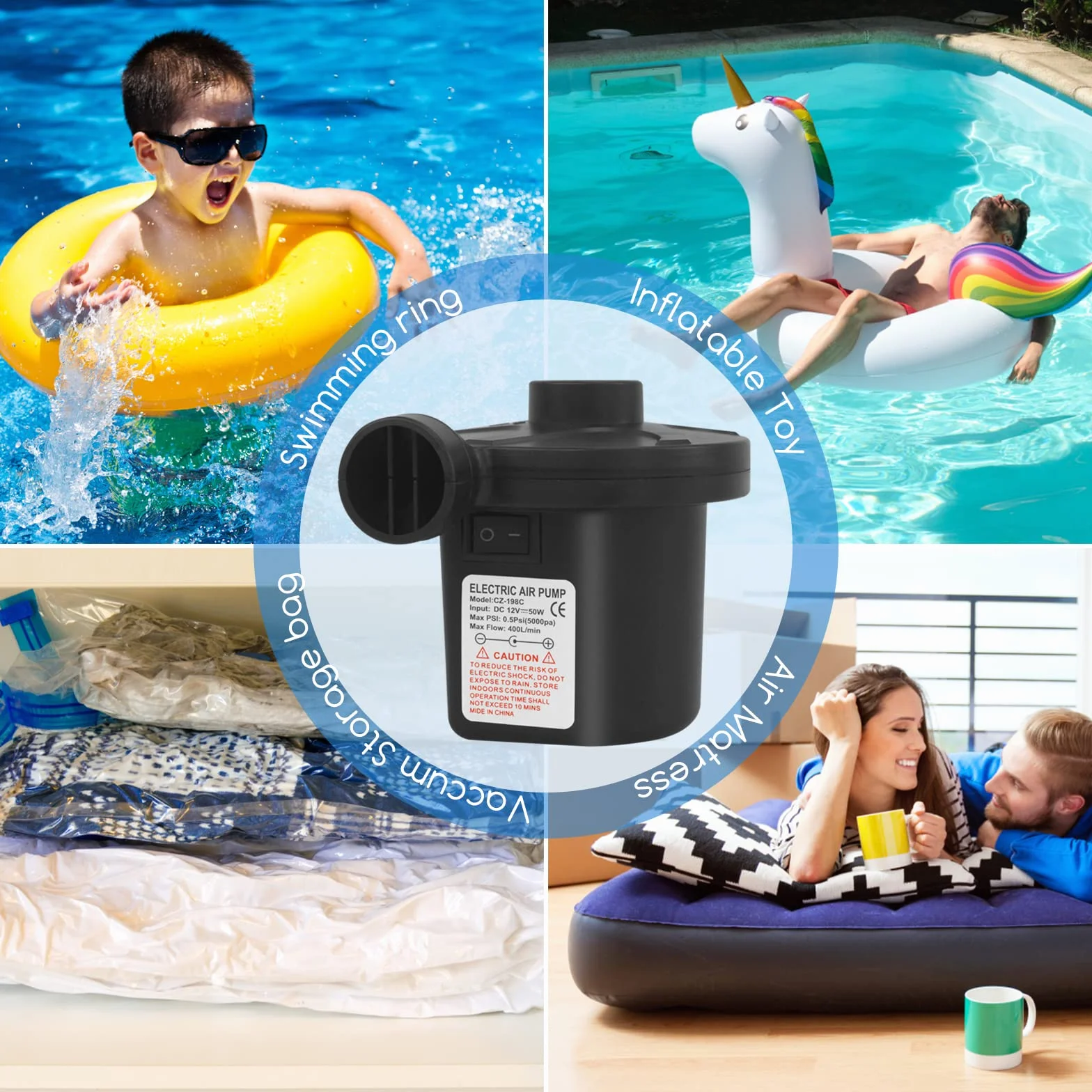 Bomba De Aire Eléctrica Portátil 240V AC 12V DC para Colchones Inflables Piscinas Barcos Juguetes Hinchable Camping 3 Accesorios