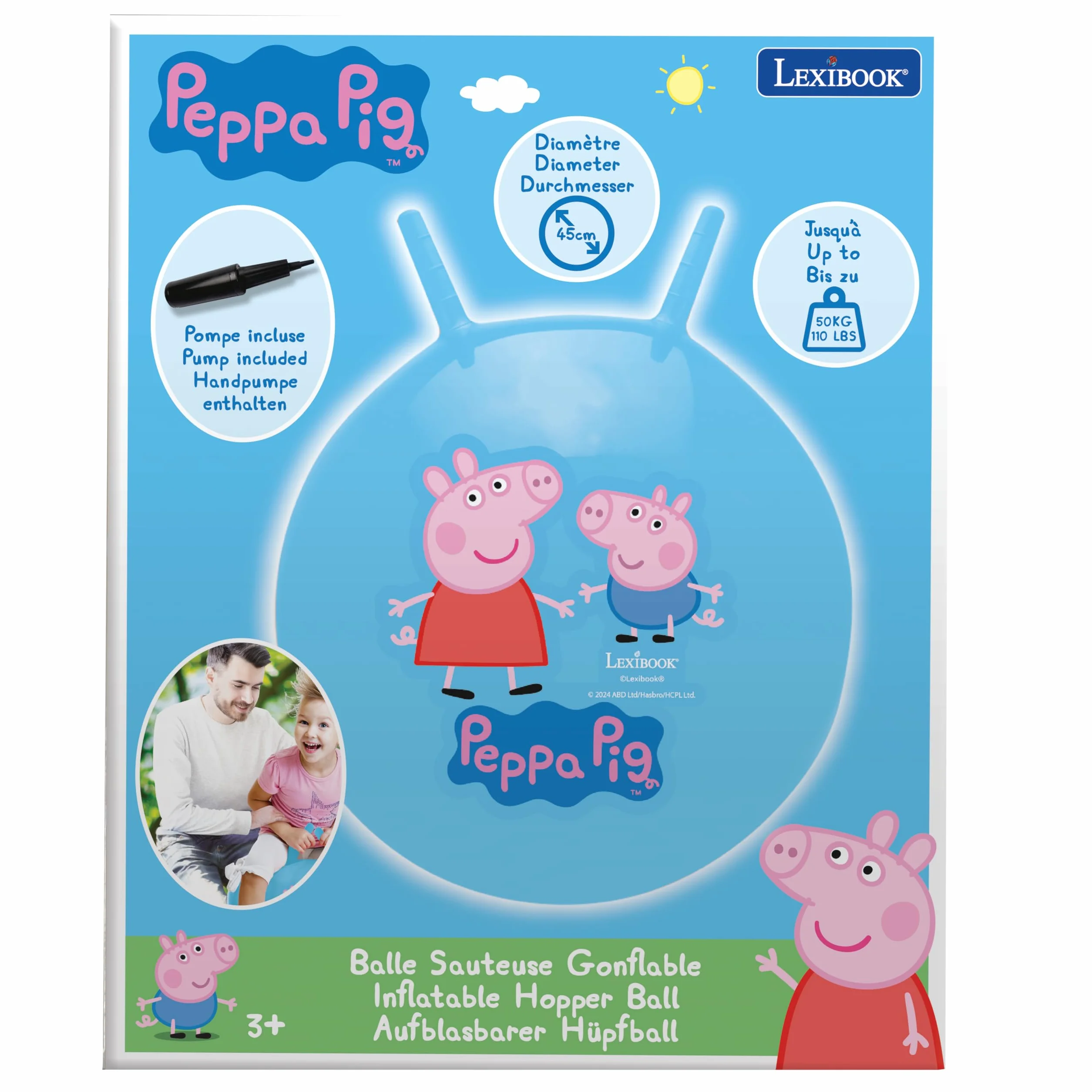 LEXIBOOK, Peppa Pig, Pelota saltarina Inflable, Bomba Manual incluida, Plásticos Seguros y duraderos, Azul, BG040PP