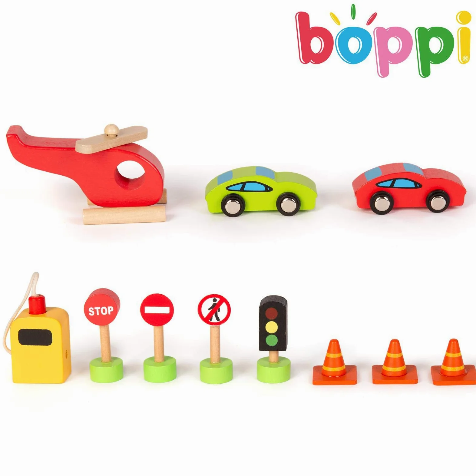 boppi Garaje y Aparcamiento de Madera de Juguete de 39 cm de Alto para niños de 12 Piezas, con Ascensor Funcional a Las 3 Plantas, gasolinera, señales de tráfico, 2 Coches de Juguete y un helicóptero