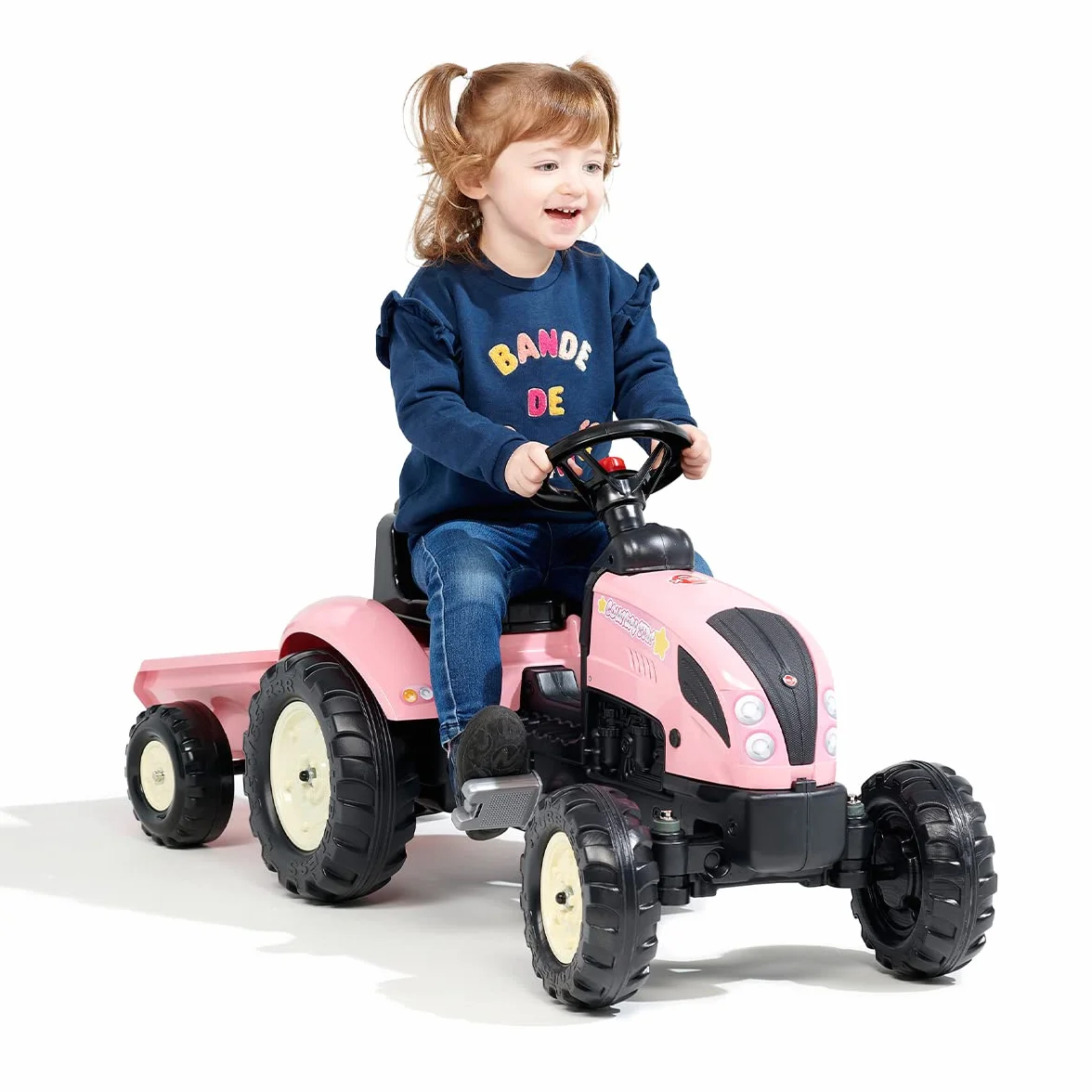 Falk - Tractor de Pedales Rainbow Star Rosa con Remolque - A Partir de 2 años - Contiene 40% de plástico Reciclado - Fabricado en Francia - 2056L