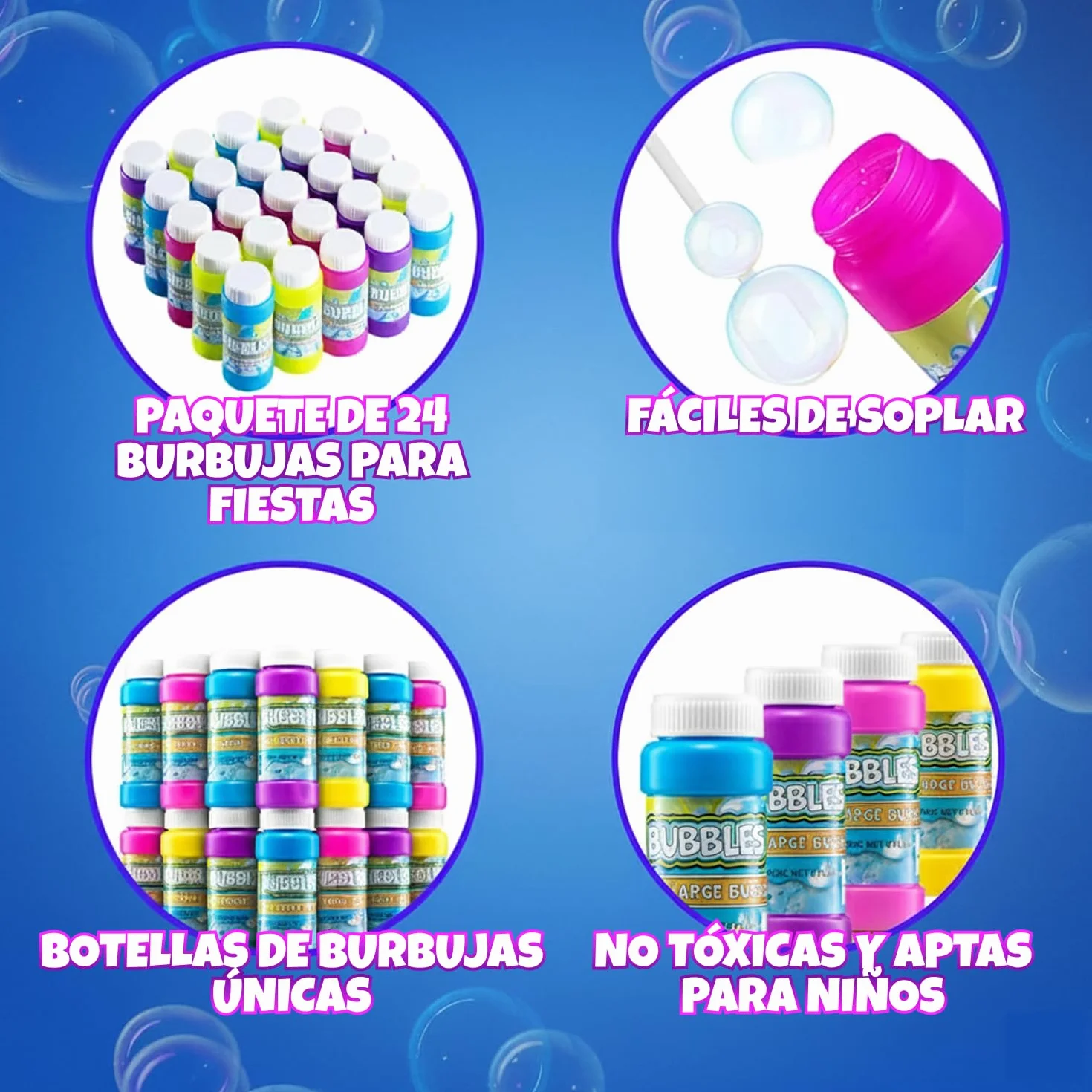 Burbujas de Fiesta para niños – Paquete de 24, 59,1 ml con varitas, Colores neón Surtidos para Juegos al Aire Libre, Fiestas de cumpleaños y Bolsas de Regalos