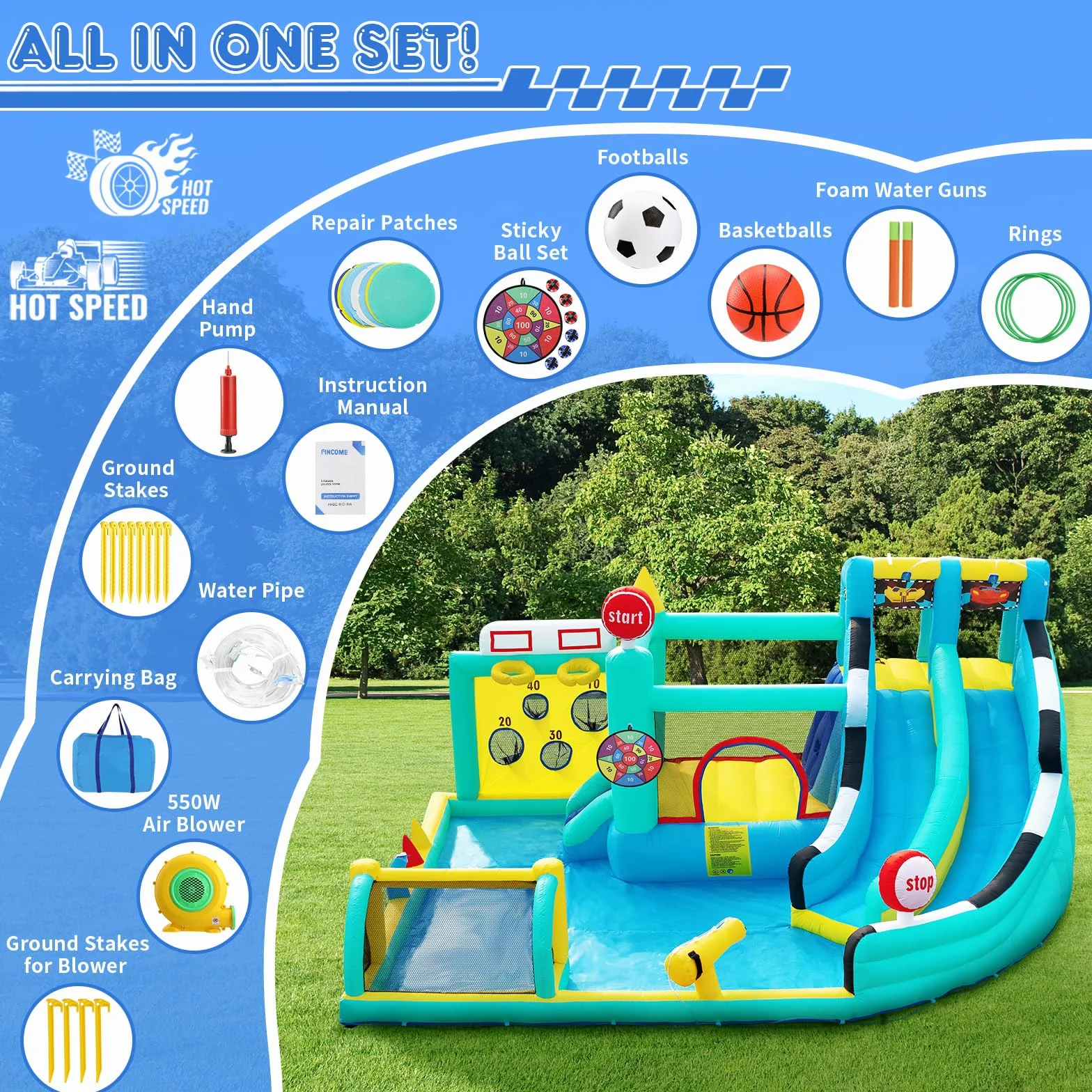 Castillo Hinchable Grande con Tobogán de Agua y Soplador, para Niños con Trampolín, Rocódromos, Baloncesto, Piscina, Peso 225 kg, para 4 Niños de 3 a 10 Años, 470×400×220 cm