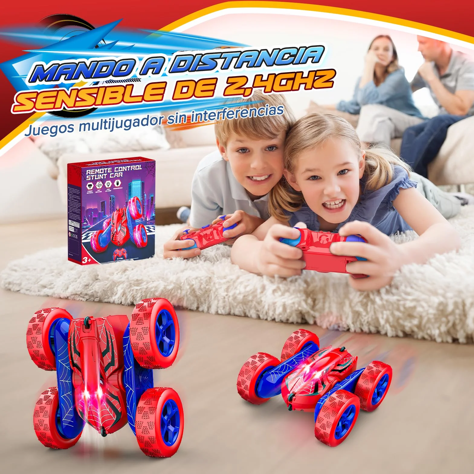 Coche Teledirigido Monster Truck 2,4Ghz 360° Rotación Luces Batería Recargable Type-C Niños 3-12 Años