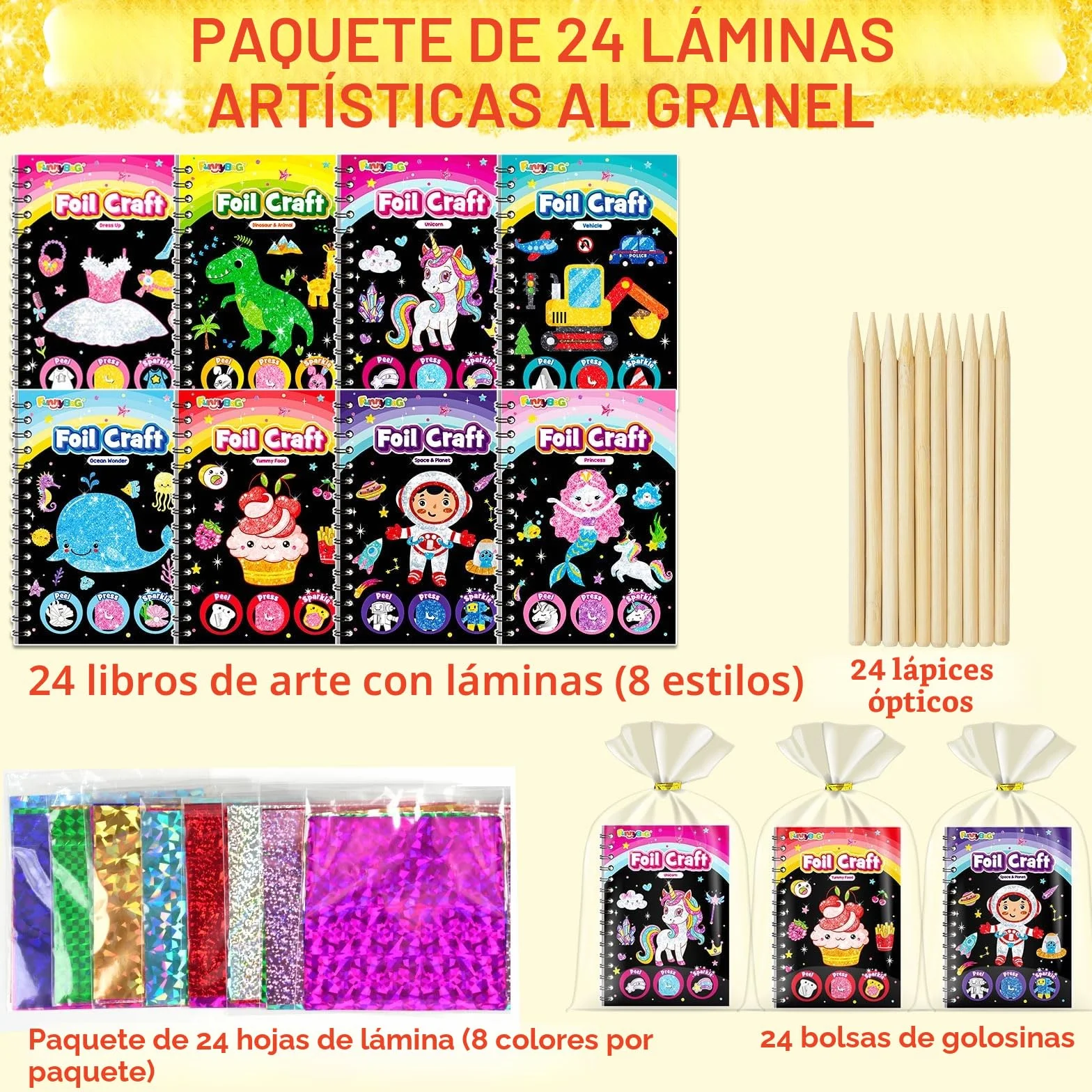 FUNNYB&G Arte con Foil Actividad Libros Colorear Detalles Cumpleaños niños, 2 IN 1 Foil Art&Livros de Colorir infantis, Regalos Cumpleaños Niños Colegio|Manualidades Niños Niña 4-10 Años (clásico 24)
