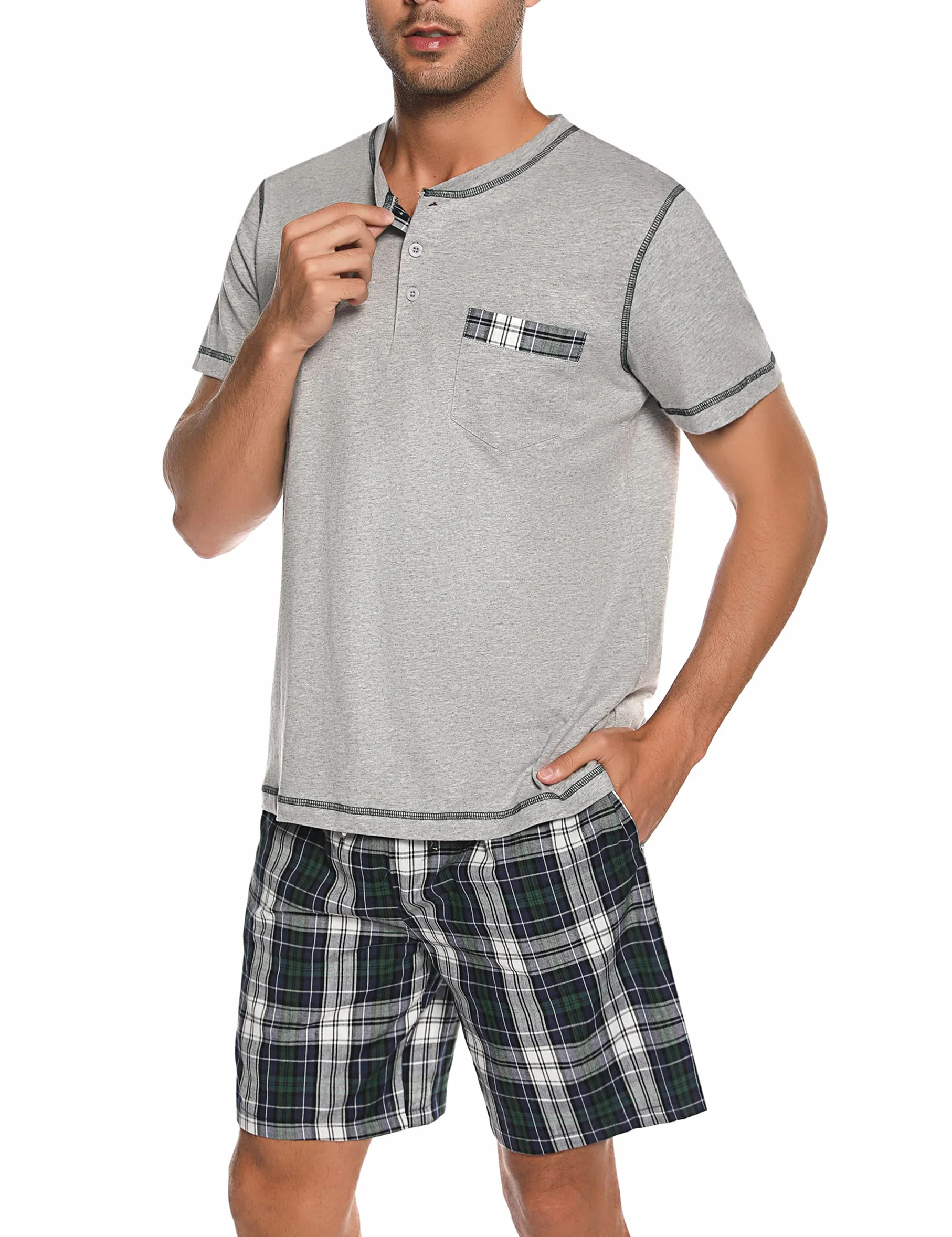 Litherday Pijama Hombre Algodón Manga Corta Cuadros Conjunto 2 Piezas S-XXL