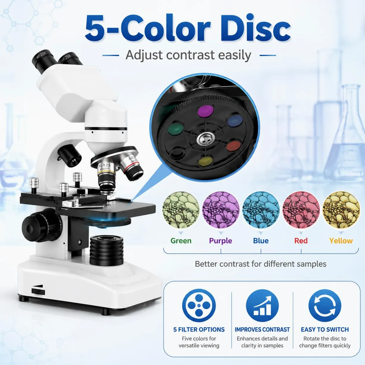 Microscopio Binocular Profesional para Estudiantes Y Adultos: 40x-1000x Cuerpo Metálico 2 Oculares WF Sistema De Iluminación Dual Accesorios Completos para Principiantes Y Estudiantes