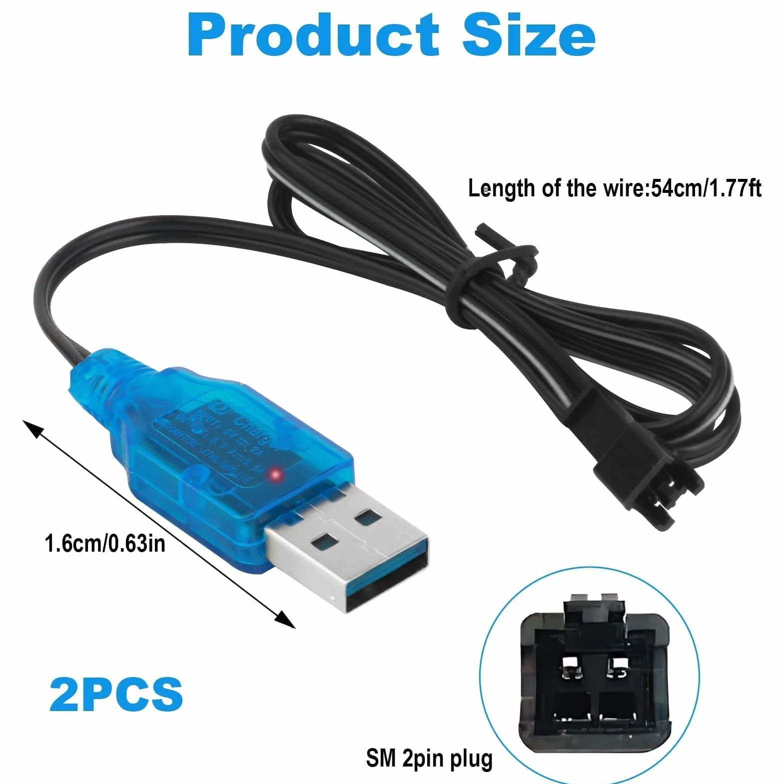 2 Unidades De Cable De Carga USB De 3,7 V con Conector SM-2P, Cable De Carga USB para Baterías NI-MH RC Universal para Baterías LiPo Compatible con Coches RC Barcos Drones
