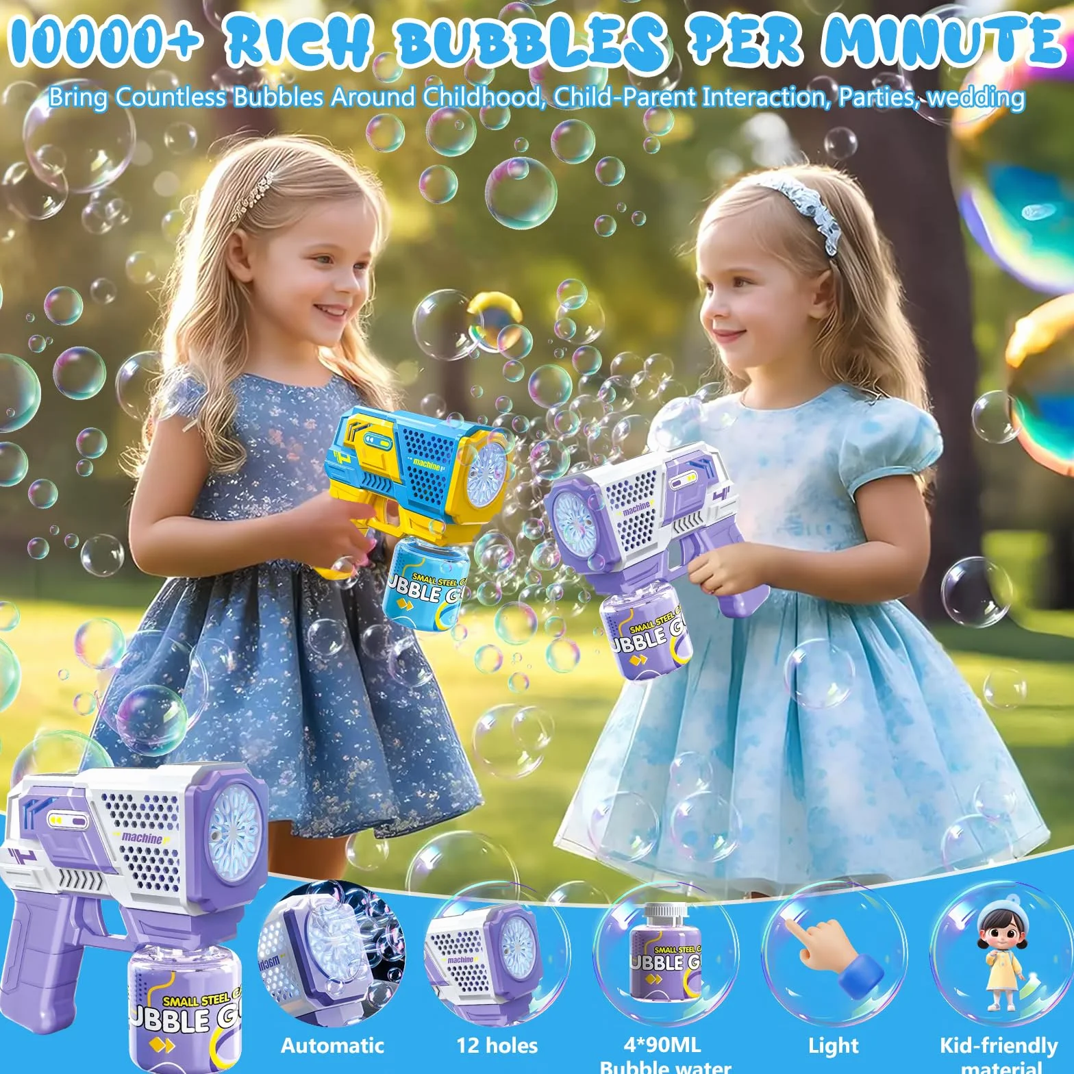2 Pistolas de Burbujas para Niños, Máquina Automática de Burbujas LED de Jabón 10000+ Burbujas con 4 Soluciones (90 ml), Juguete de Verano, Regalos para Cumpleaños Fiestas, Aire Libre Bodas