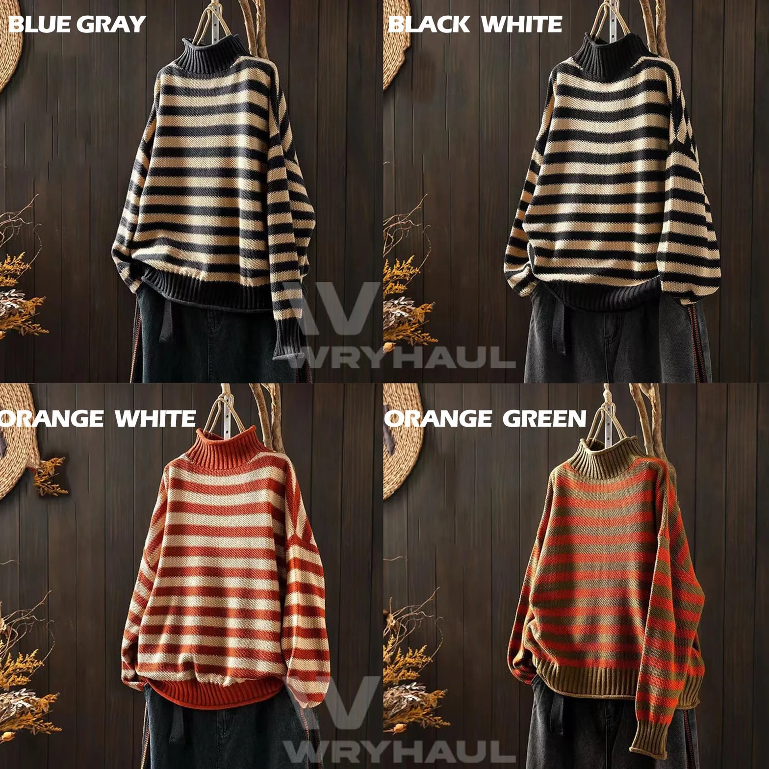 Suéter de Cuello Alto con Rayas Retro para Mujer, Suéter de Punto Naranja Casual Suelto (L)