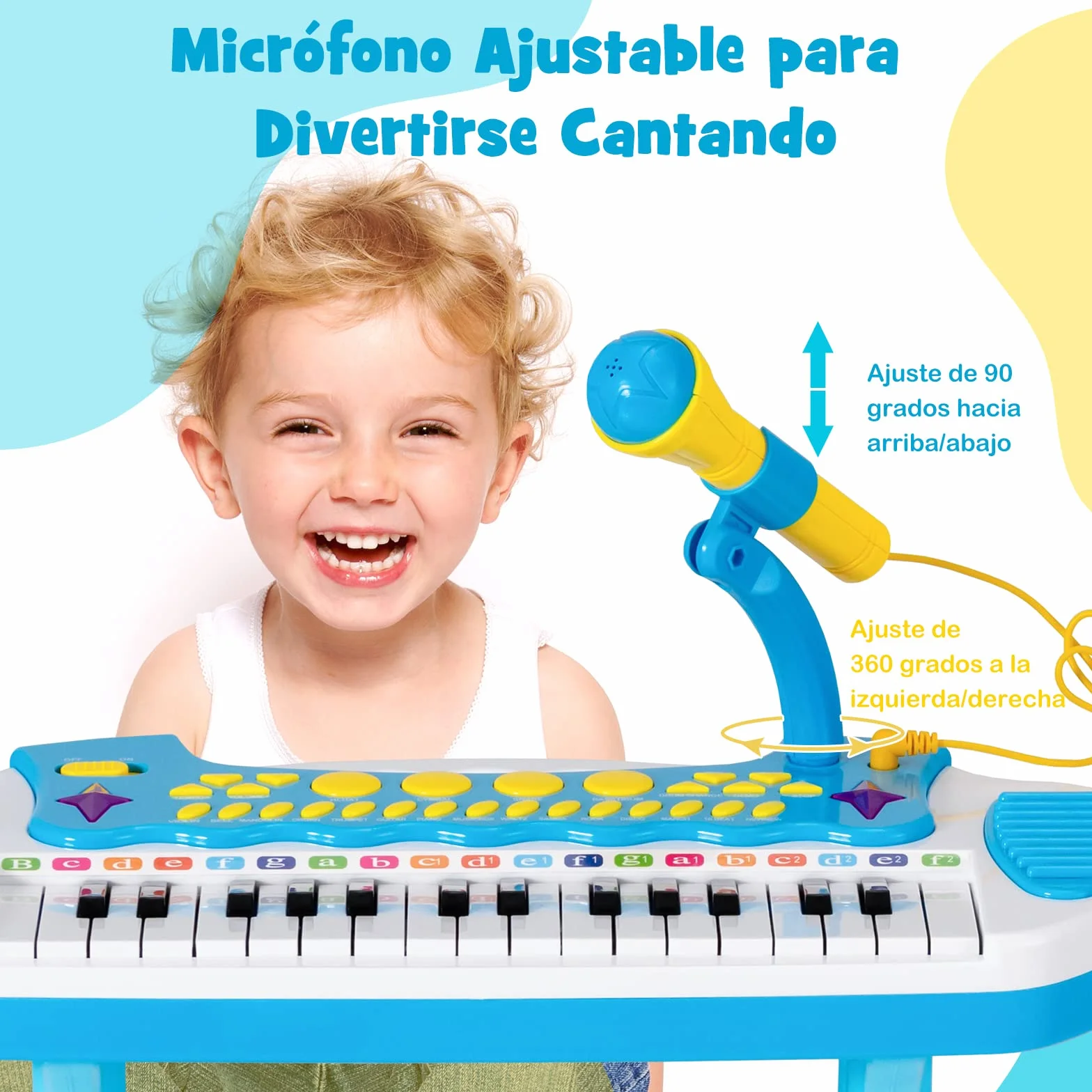 COSTWAY Teclado Piano Infantil de 31 Teclas, Juguete Musical Piano Infantil para Niños con Efectos de Luz, Múltiples Sonidos, Micrófono y Taburete, Órgano Electrónico Educativo para 3＋Niños (Azul)