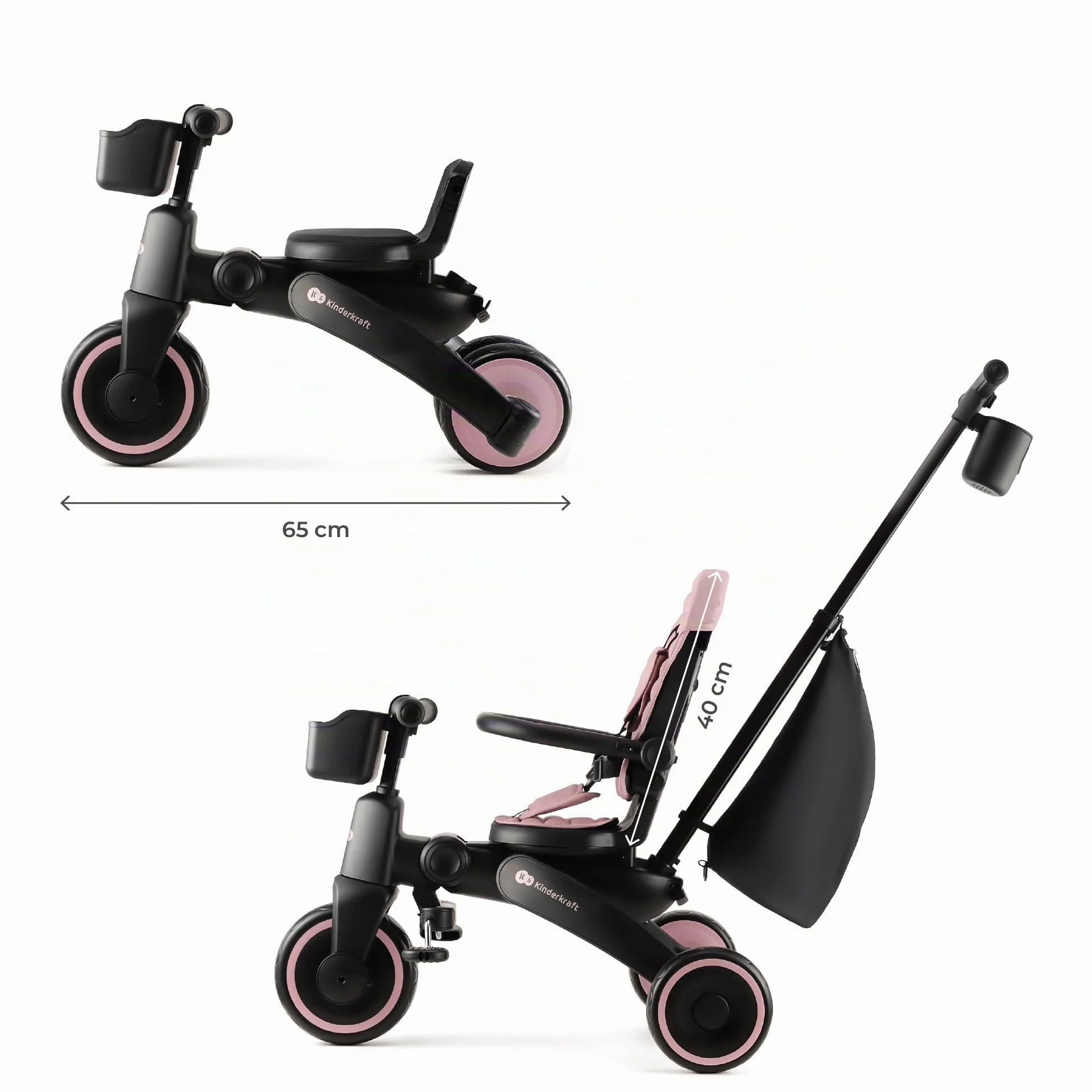 Kinderkraft JAZZ2 Triciclo 6 en 1, con función de Rueda para niños, Cochecito Plegable con Accesorios, protección UV UPF50+, de 9 Meses a 5 años, Rosa