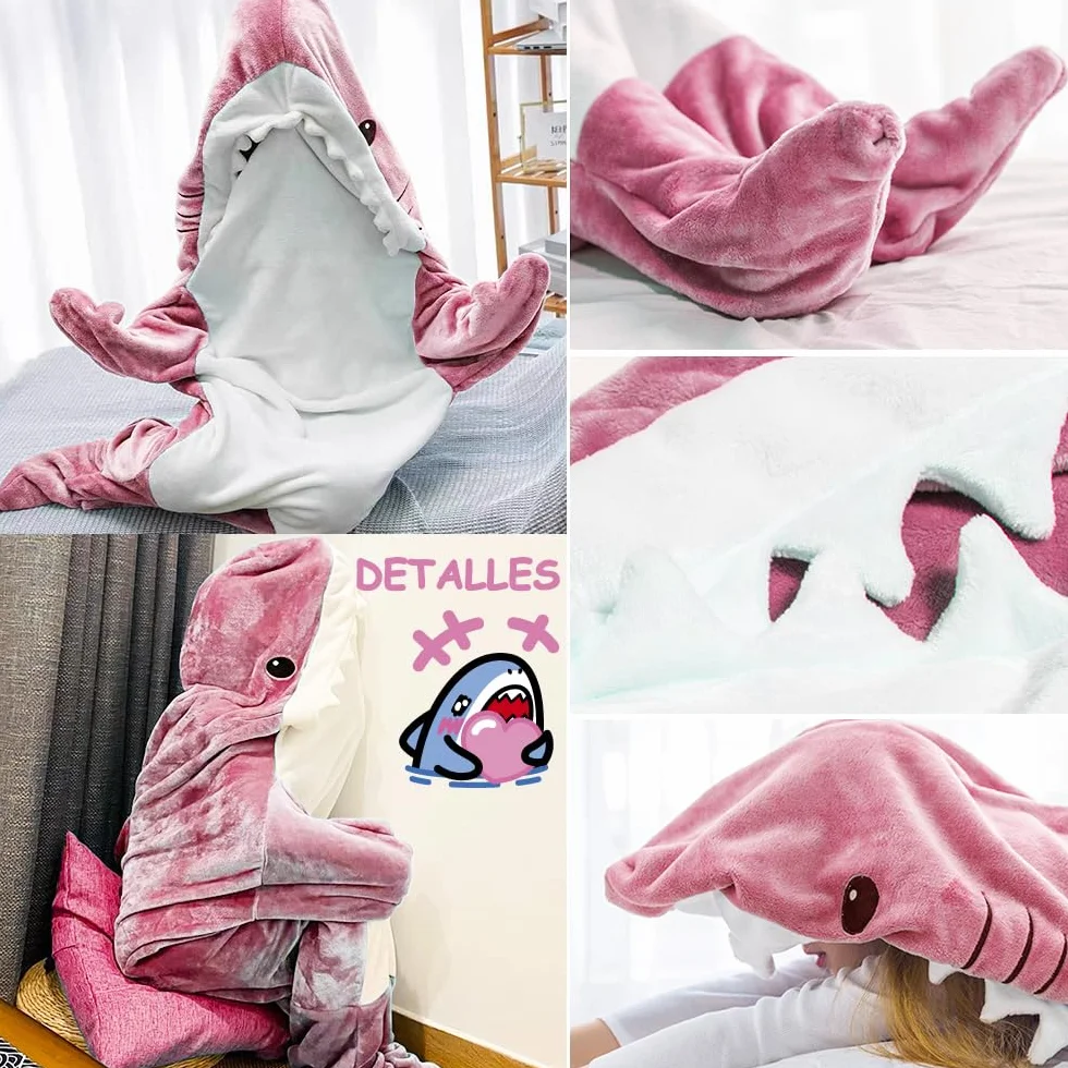 Manta de Tiburón con Capucha, Manta de Tiburón Onesie Saco de Dormir, Suave Franela Tiburón Manta con Capucha, Wearable Cola de Tiburón Onesie Manta (L(67 * 27,5in), Rosa)