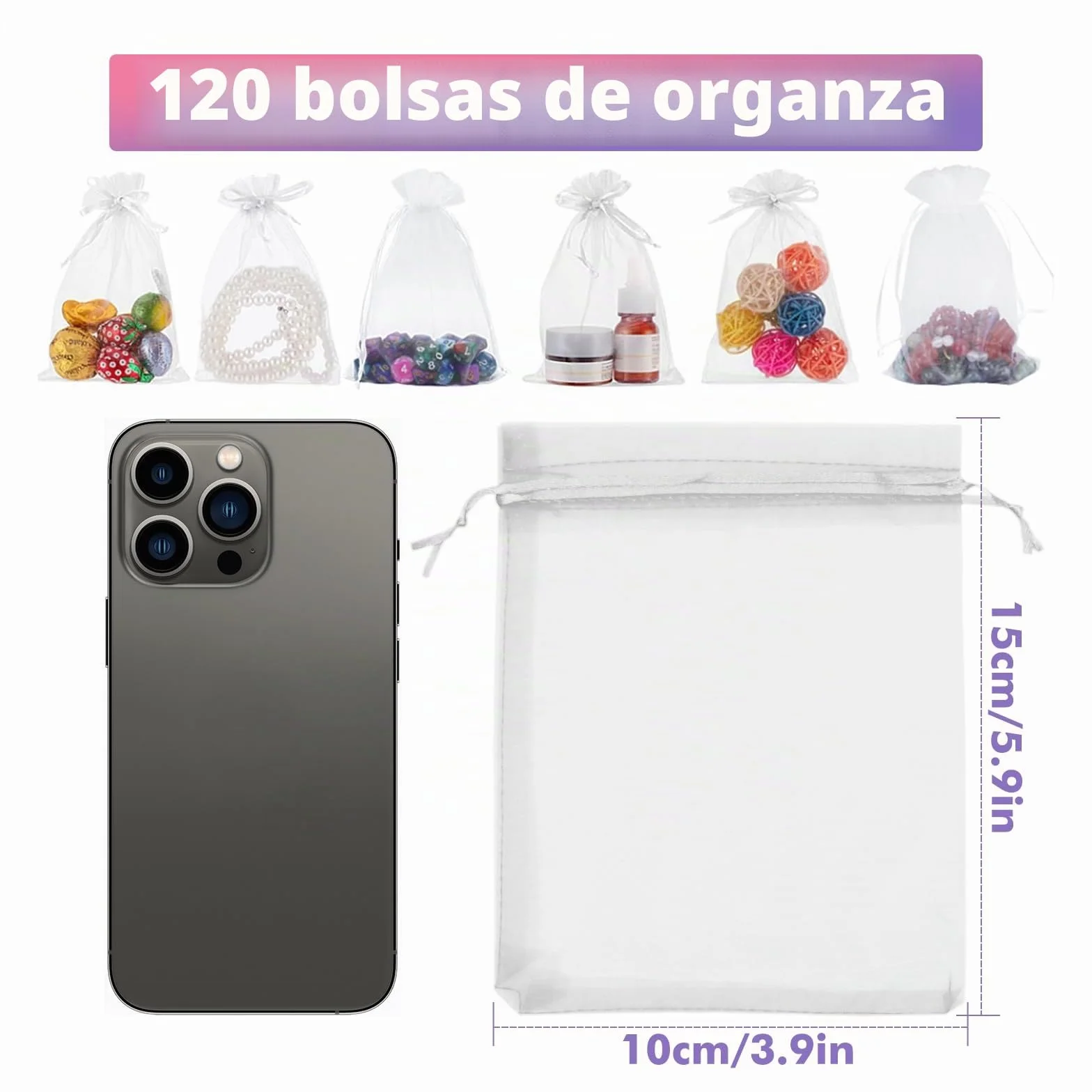 120 Piezas Bolsas de Organza 10x15 CM, Blancas Bolsitas de Tela Pequeñas con Cordóm, Bolsa Organza de Lavanda, Regalo, Joyas, Boda Favores, Caramelos para Festivales Fiestas Bodas Navidad
