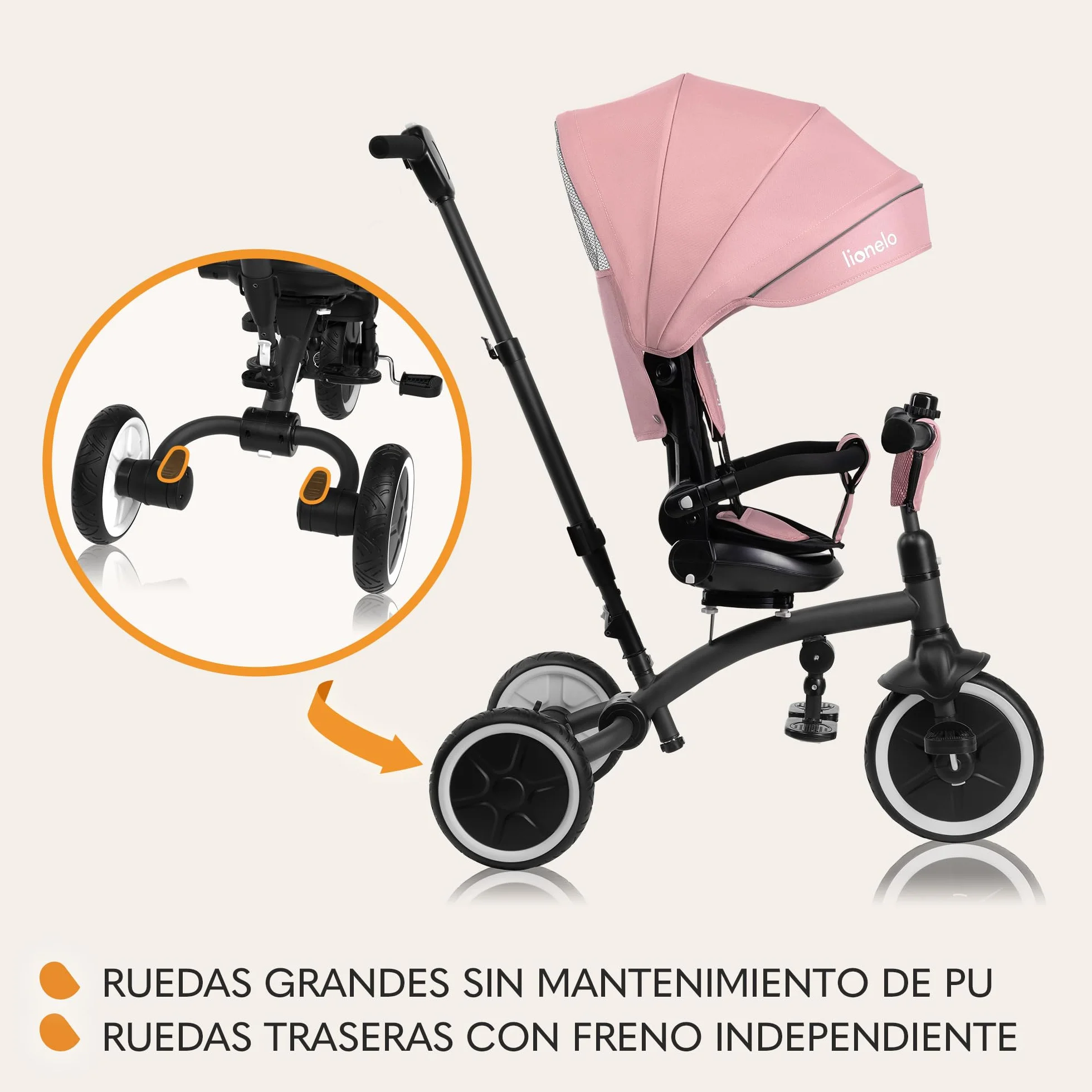 LIONELO Tris Plus Bicicleta de Paseo Triciclo Multifunción de 9 Meses a 25 kg, Carrito Bebé, Ruedas Grandes PU Asiento Giratorio 360° Respaldo Ajustable Montaje sin Herramientas
