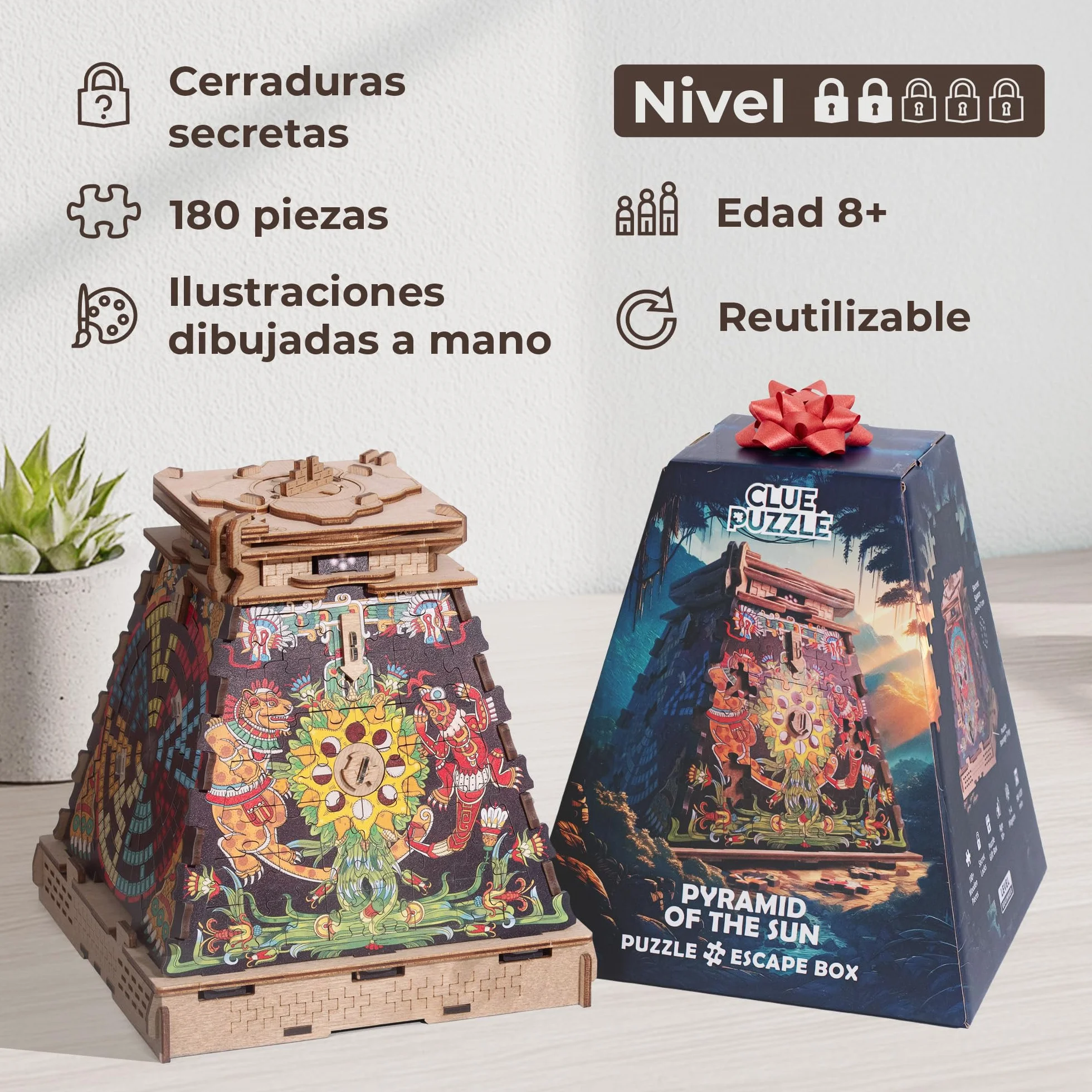 iDventure Cluepuzzle Pirámide de Sol - Juego de Escape Room con rompecabezas de Jigsaw - Puzzle de madera 3D - Caja de regalo - Cofre del tesoro - Caja de rompecabezas secuencial para adultos - Regalo