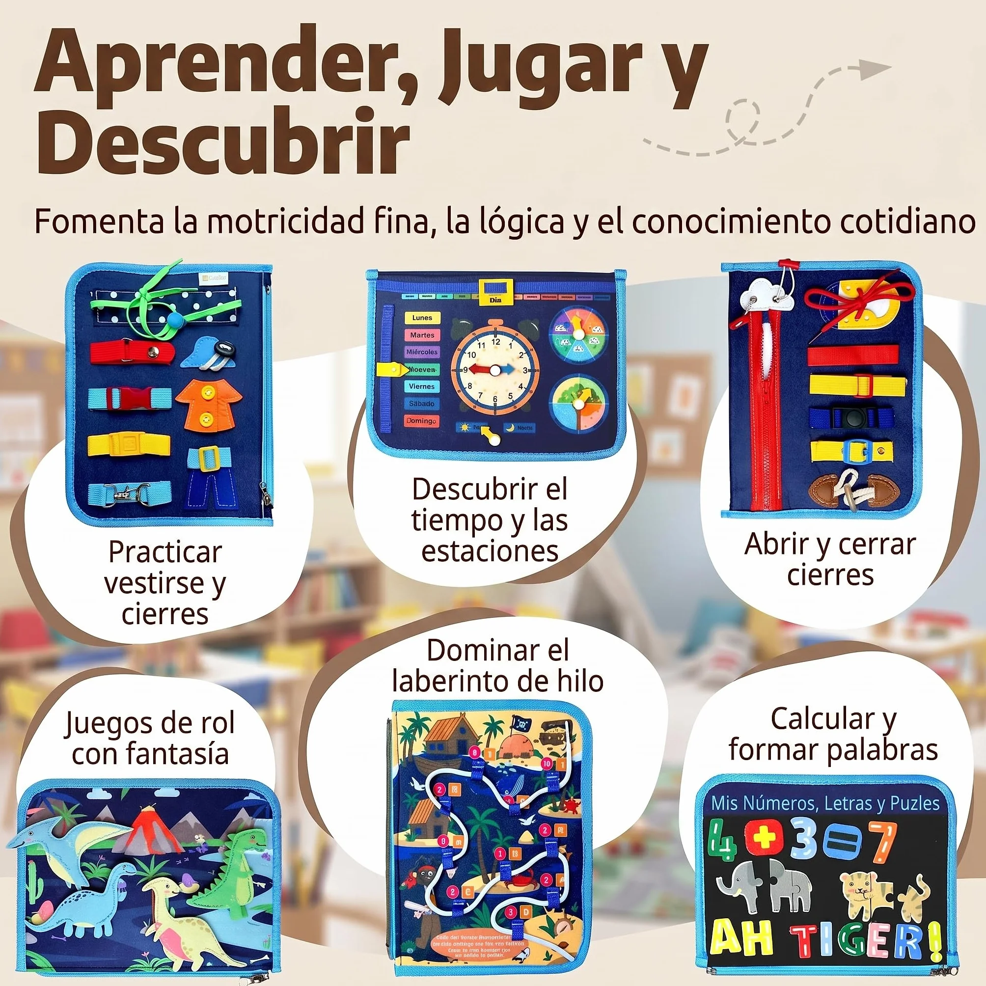 Mallie® Montessori Busy Board en Español para 1 2 3 años con Juego de rol y Marionetas – Busy Board, Libro Montessori 1 Año, Busy Book, Libro Sensorial Bebe 1 Año, Libro Montessori 2 Años