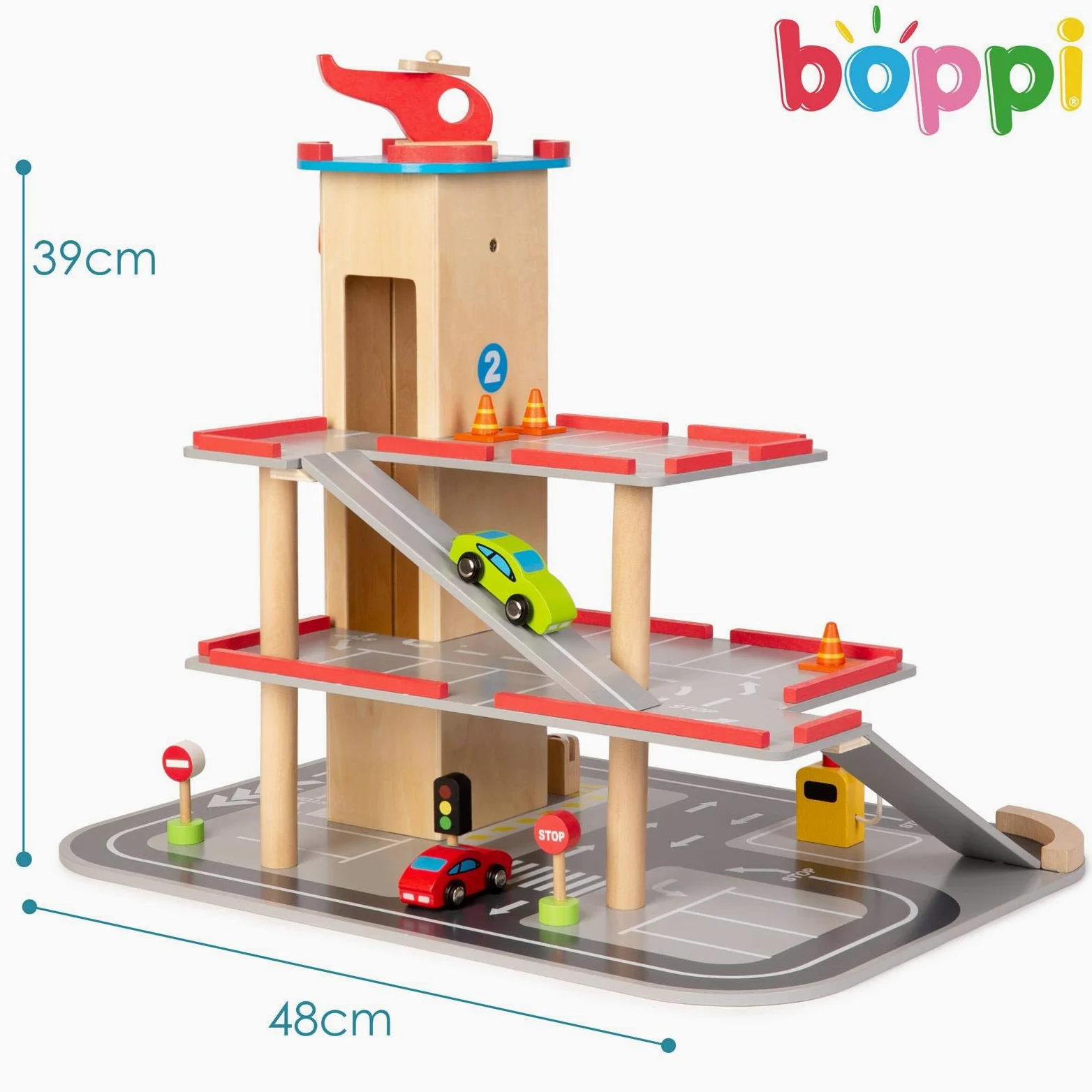 boppi Garaje y Aparcamiento de Madera de Juguete de 39 cm de Alto para niños de 12 Piezas, con Ascensor Funcional a Las 3 Plantas, gasolinera, señales de tráfico, 2 Coches de Juguete y un helicóptero
