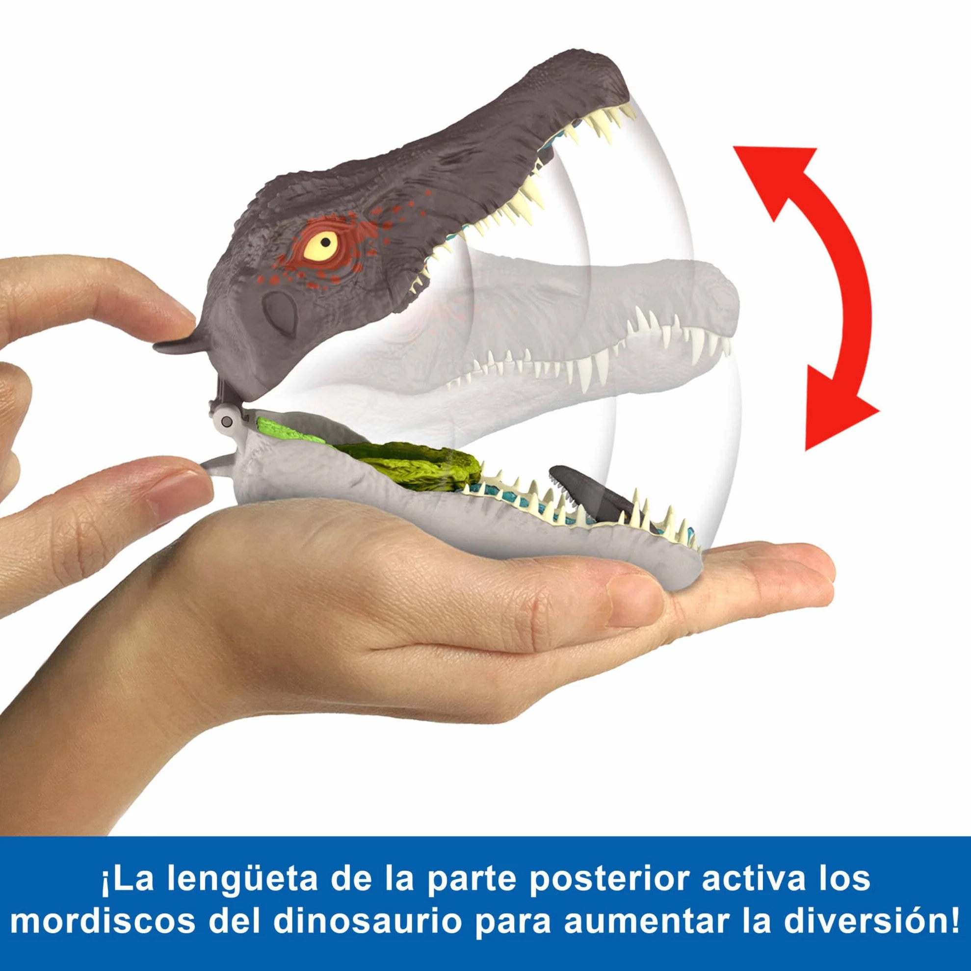 Mattel Jurassic World: El Renacer, Conjunto de juego Mini, la cabeza del Spinosaurio se abre, 4 funciones interactivas, 3 Micro figuras, Dinosaurio de juguete, JGB98