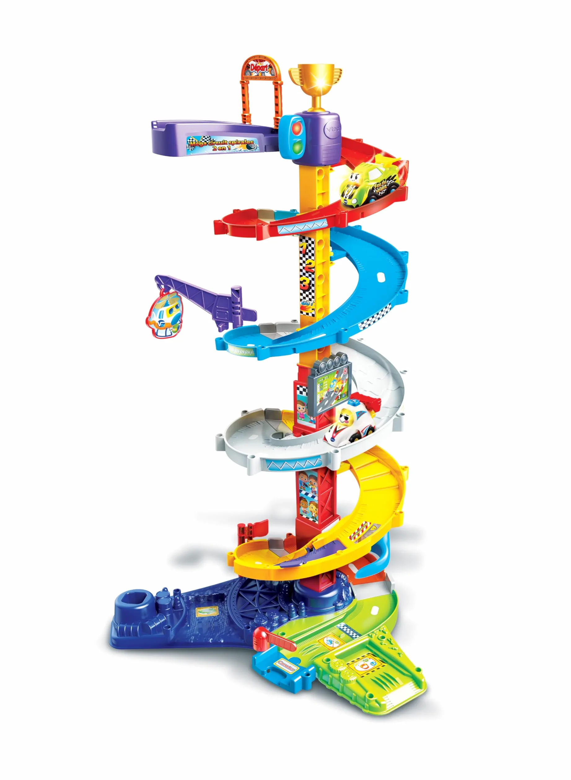 VTech Tut Tut Bolides, Mega Circuito Espirales 2 en 1 con Coche Titouan Loco del Volante, Circuito de Coches Infantiles, 5 Zonas Mágicas, Regalo para Niños y Niñas de 1 año a 5 años - Contenido en