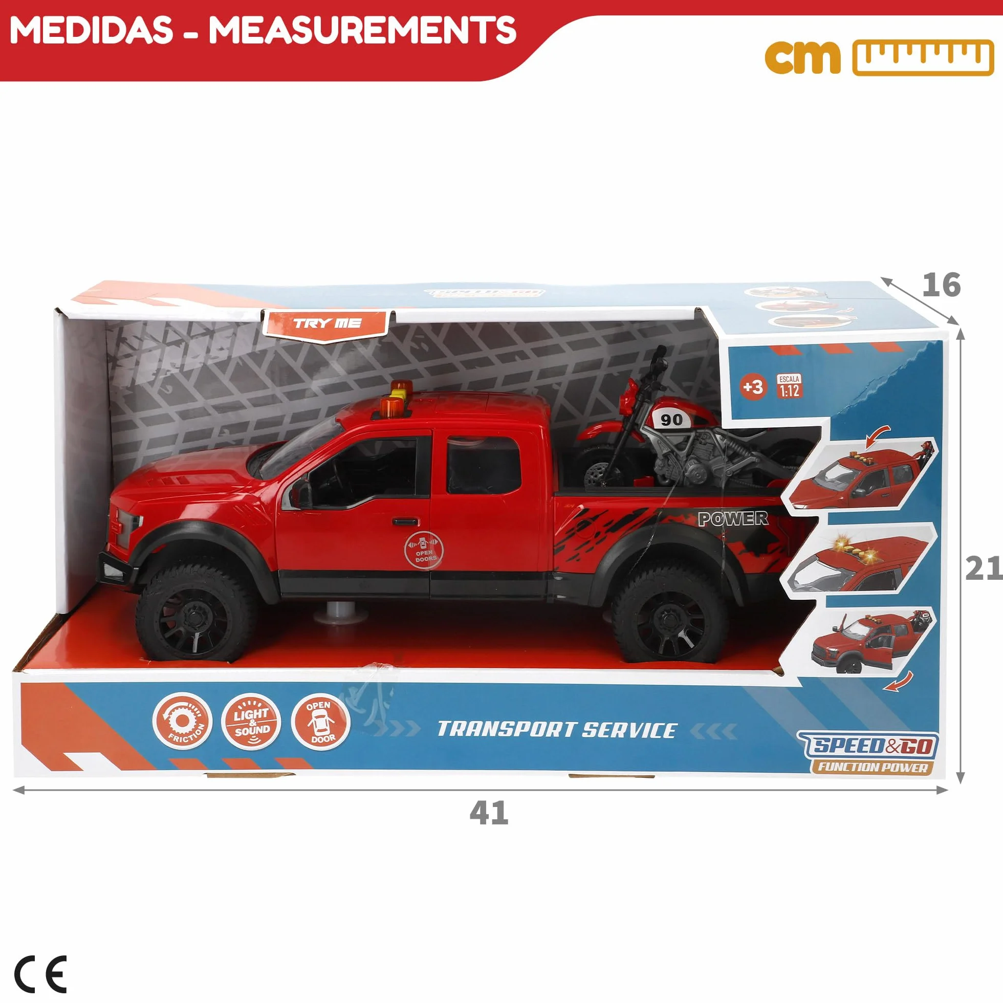 ColorBaby Speed & Go Coche Pick up con Moto, Sistema de fricción, Luces y Sonido, Puertas funcionales, Vehículo de Rescate, Escala 1:12, Niños a Partir de 3 años (39310)