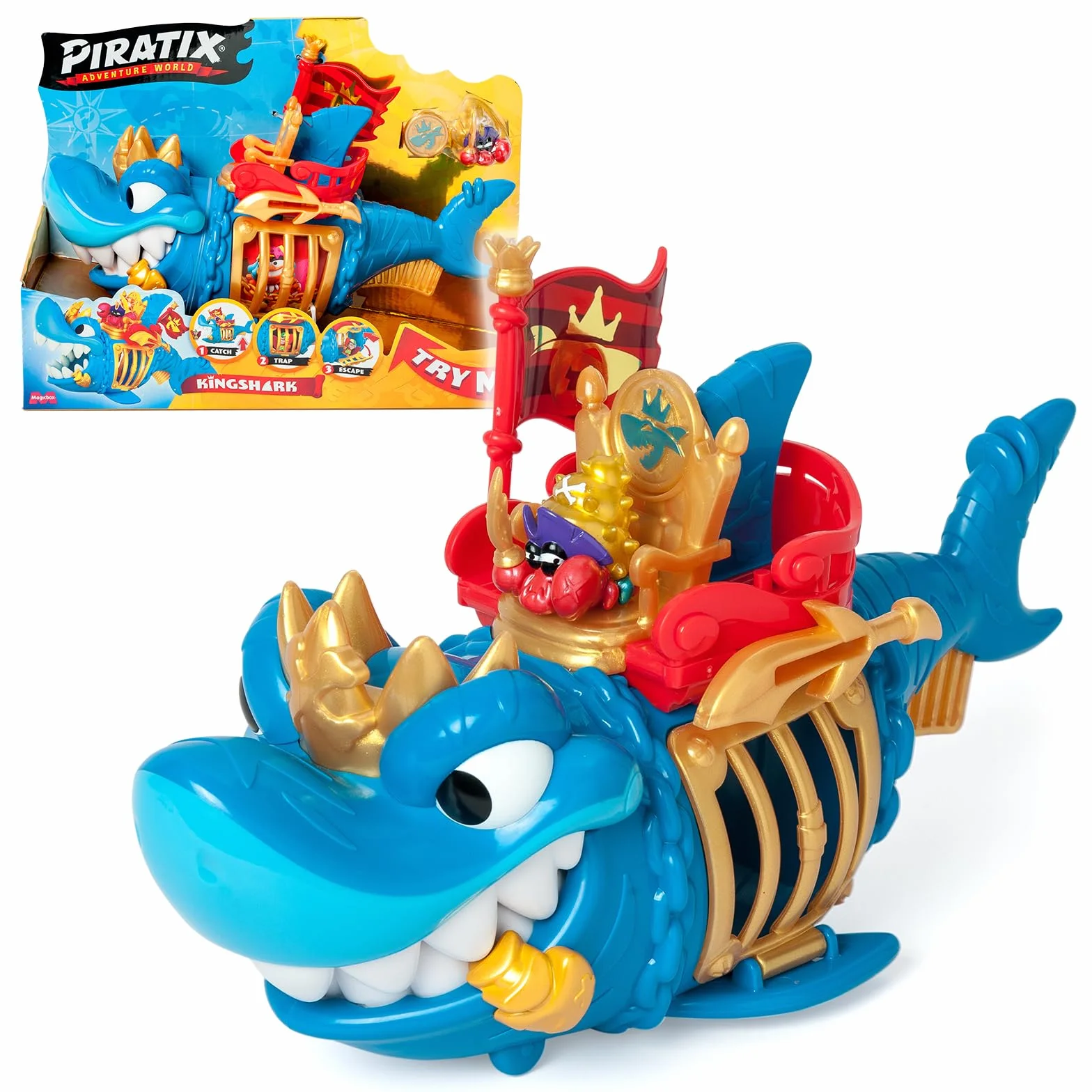 PIRATIX Adventure World King Shark Tiburón articulado con Jaula para capturar Piratix rivales Incluye tiburón Tesoro Exclusivo Piratix Exclusivo y Accesorio