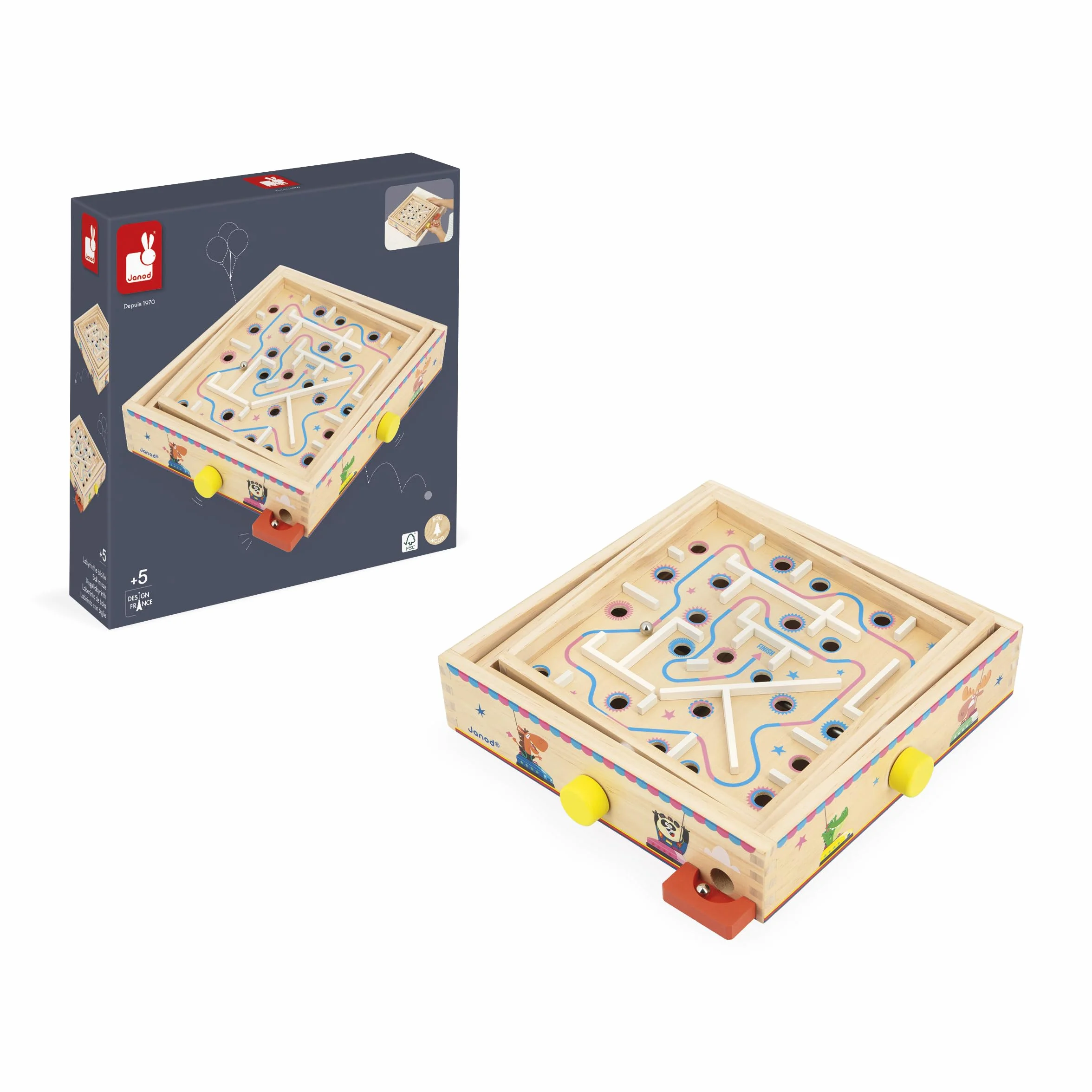 Janod Juego Laberinto de Madera para Niños y Adultos - Juguete Tradicional - Carrera de Canicas - 2 Canicas de Metal Suministradas - Desarrolla la Concentración y la Habilidad - A Partir de 5 años