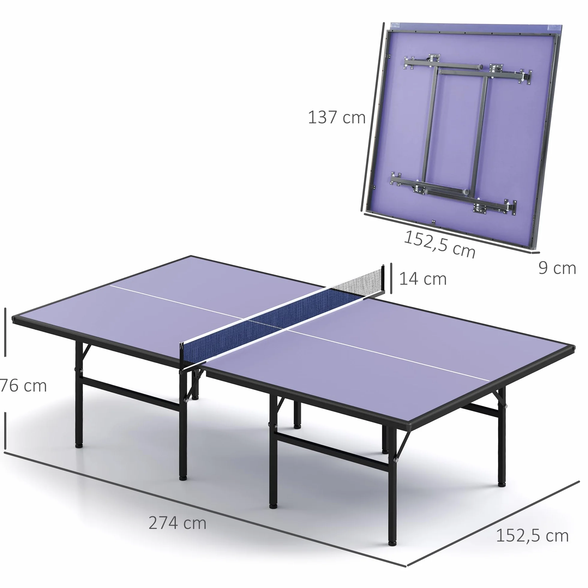 HOMCOM Mesa de Ping Pong Plegable con Red 152,5x274x76 cm Acero MDF Azul