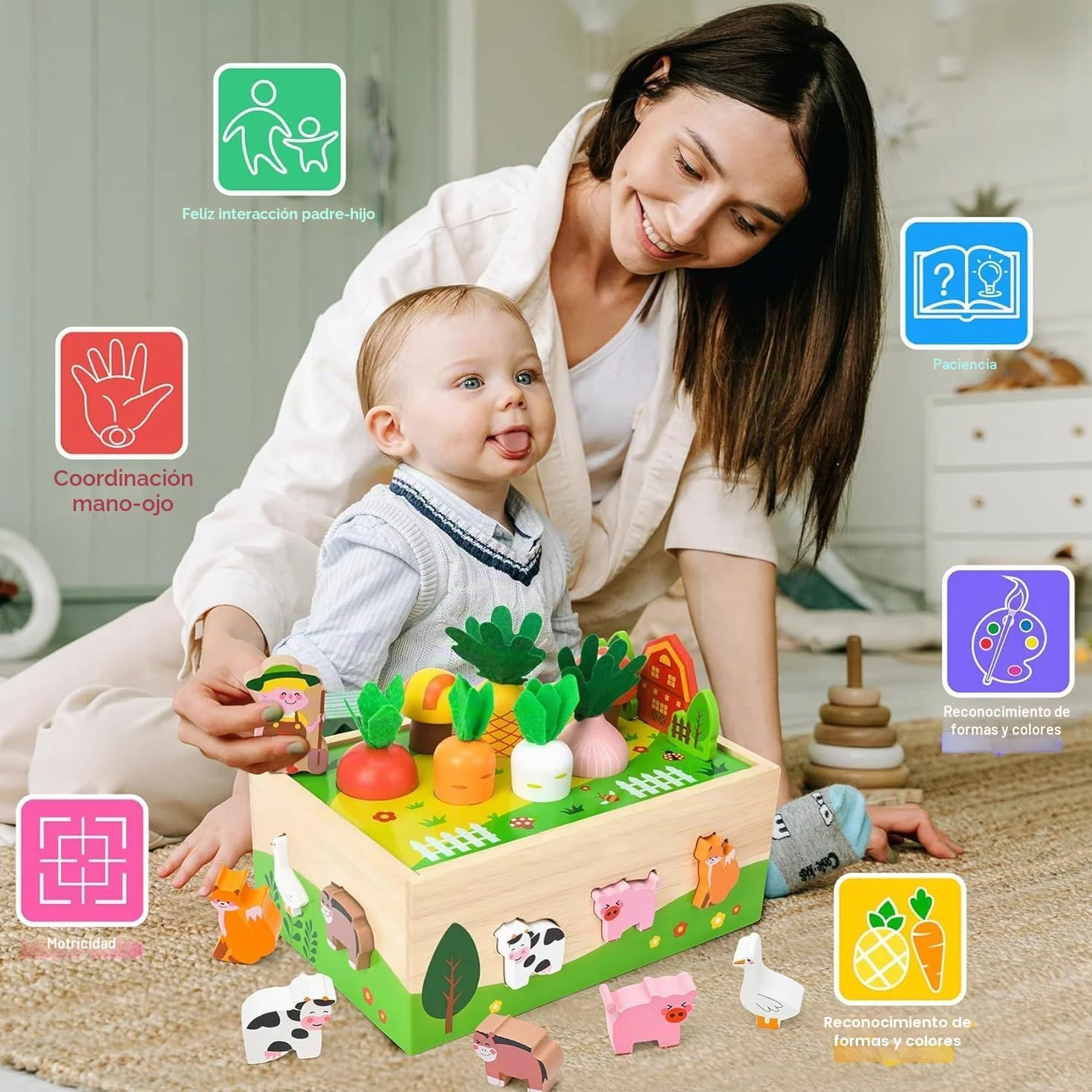 Montessori Juguete de madera para niños de 1, 2 y 3 años, juego de granja con animales y verduras, regalo para niñas y niños
