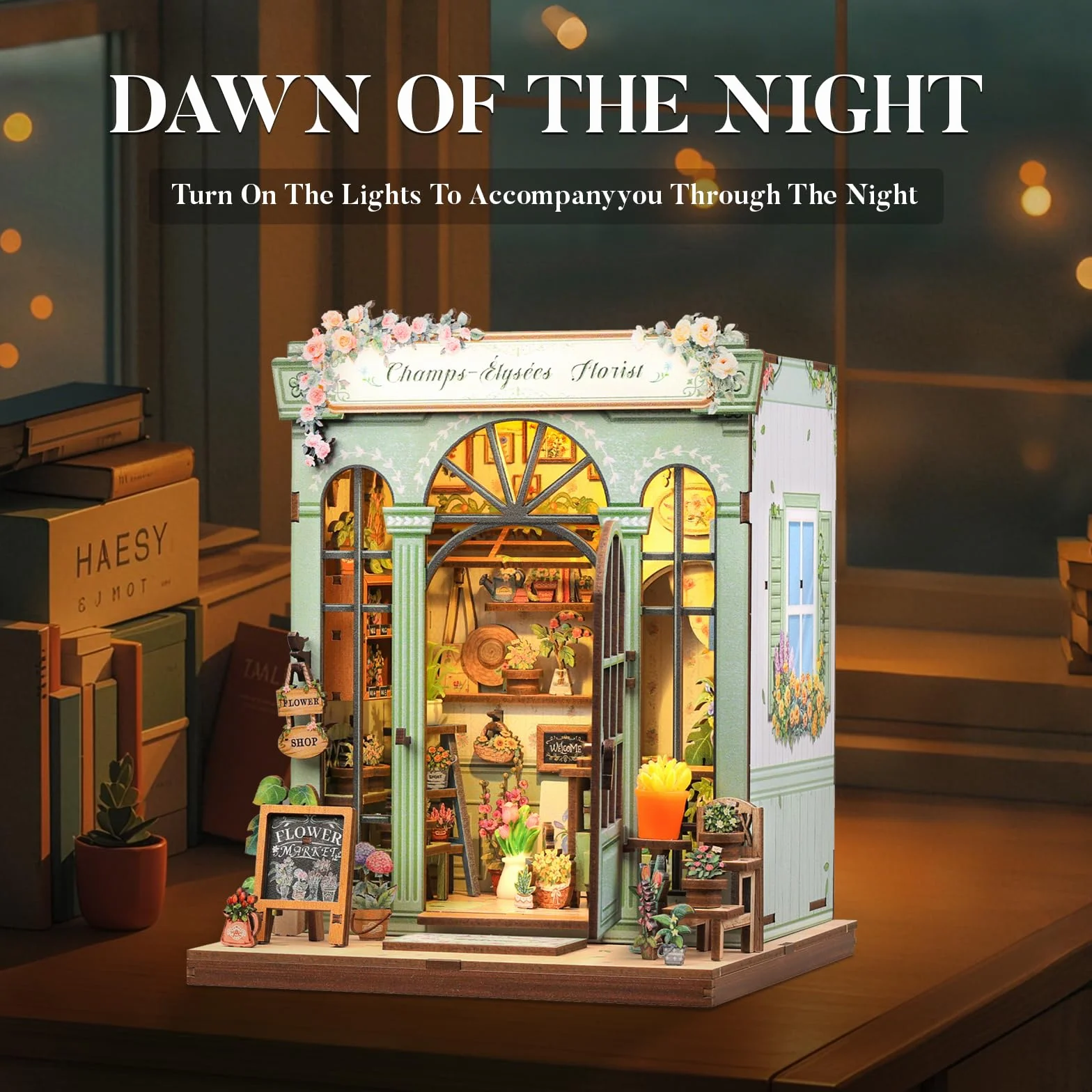 Fsolis Book Nook Kit con Luz LED - Casa de Muñecas en Miniatura 3D para Adultos, Regalo Creativo de Cumpleaños para Mujeres y Niñas(Floristería Champs-Élysées)