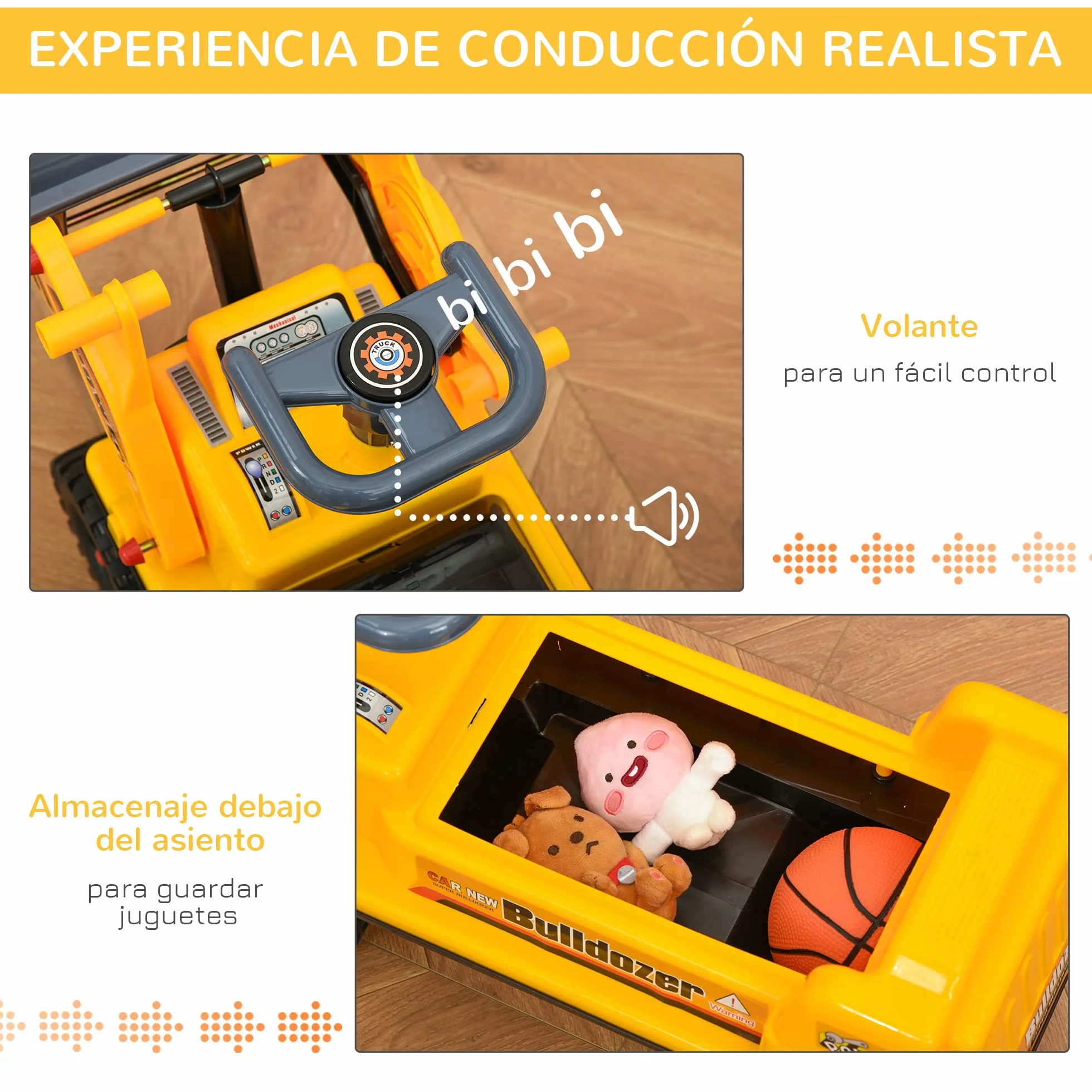 HOMCOM Camion Correpasillos Tractor sin Pedales para Niños de 2-3 Años con Pala Excavadora Espacio de Almacenaje Oculto y Bocina 70x26x37 cm Amarillo