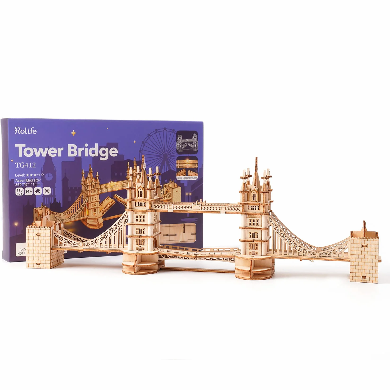 Rolife Puzzle 3D Madera Antiguo Maquetas para Montar para Construir Adultos Niñas Puente de la Torre 113 Piezas, Tower Bridge, Sin Pilas en el Paquete