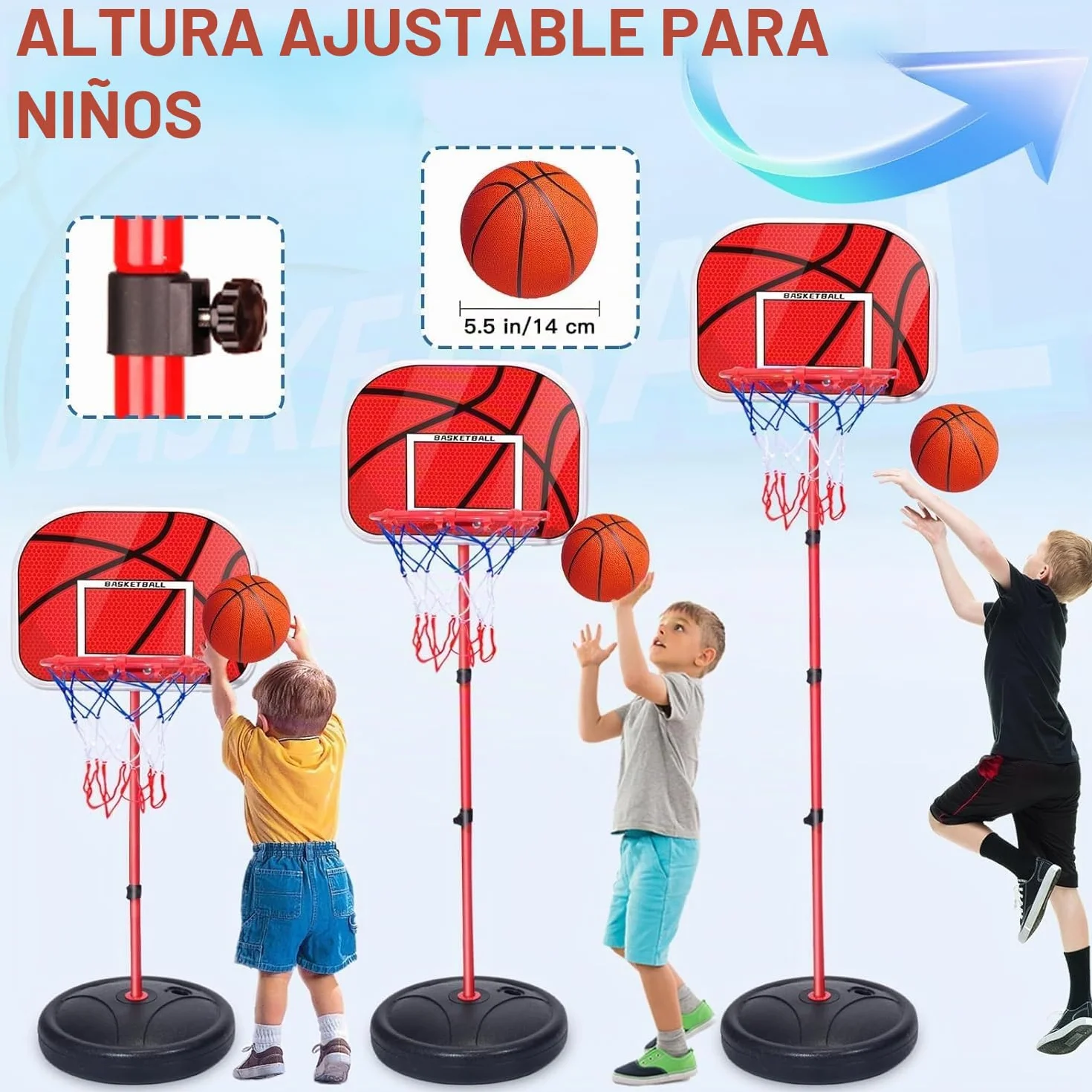 Canasta Baloncesto Infantil Regulable 50-150 cm con 3 Pelotas + Bomba - Canasta Basket Niños 3-8 Años para Exterior/Interior - Ideal Exteriores, Jardín, Interior