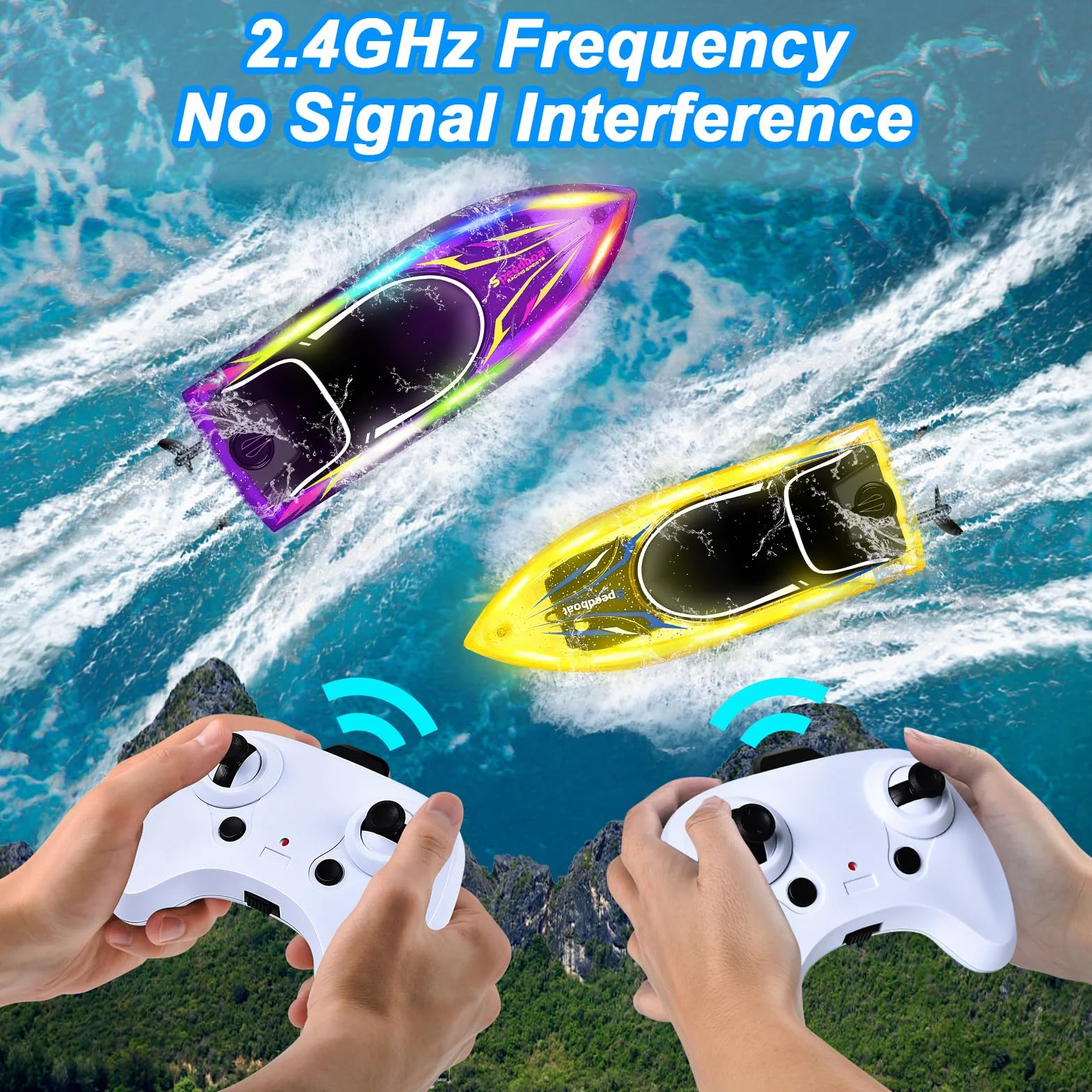 Herenear Barco teledirigido 2 unidades, barcos teledirigidos para niños a partir de 6, 8, 10 años, barco RC con luz LED para adultos, juguete de piscina ajustable lancha rápida para mares, piscinas y