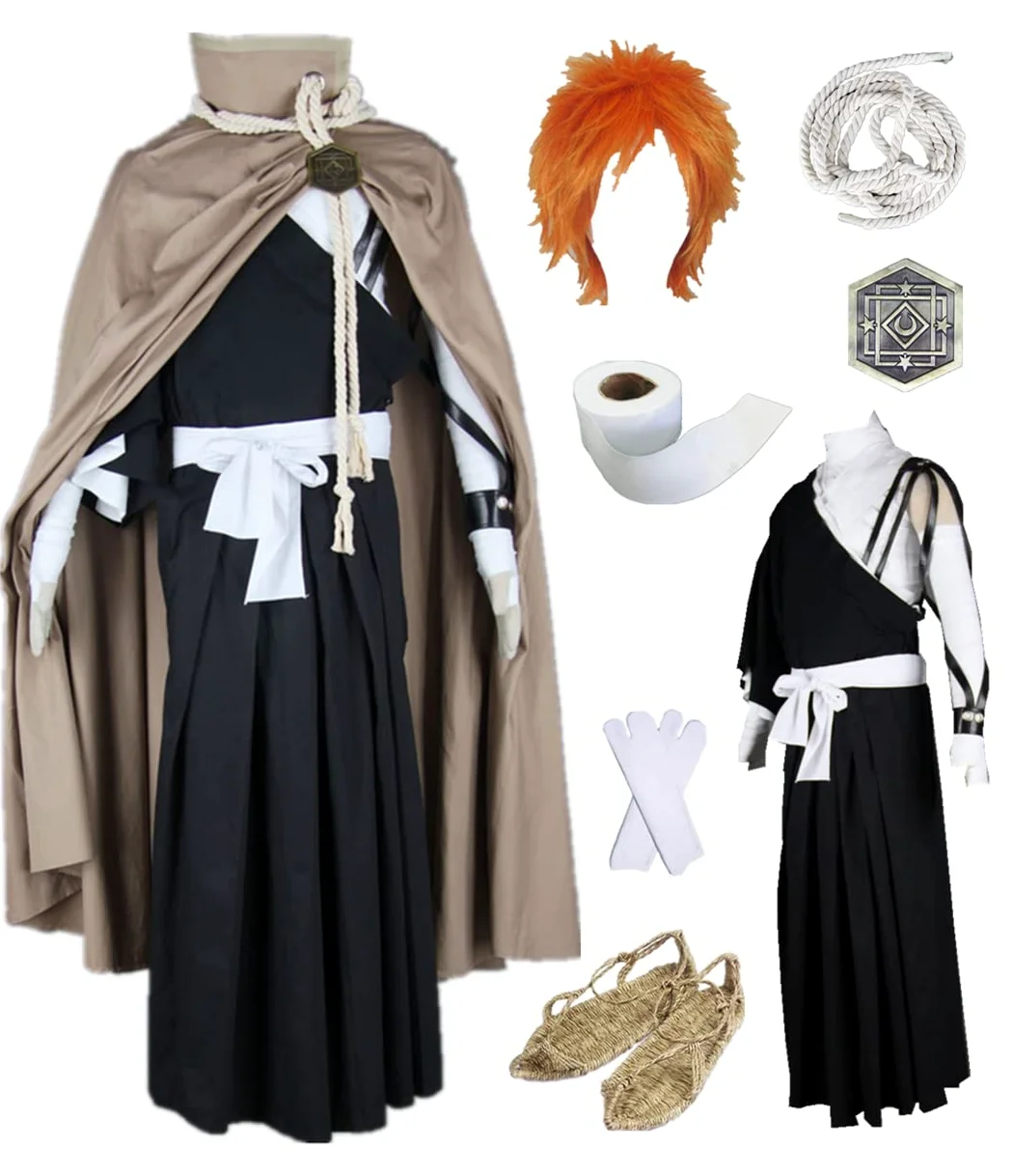 Disfraz de anime Kurosaki Ichigo de talla estadounidense, disfraz de kimono de capa larga