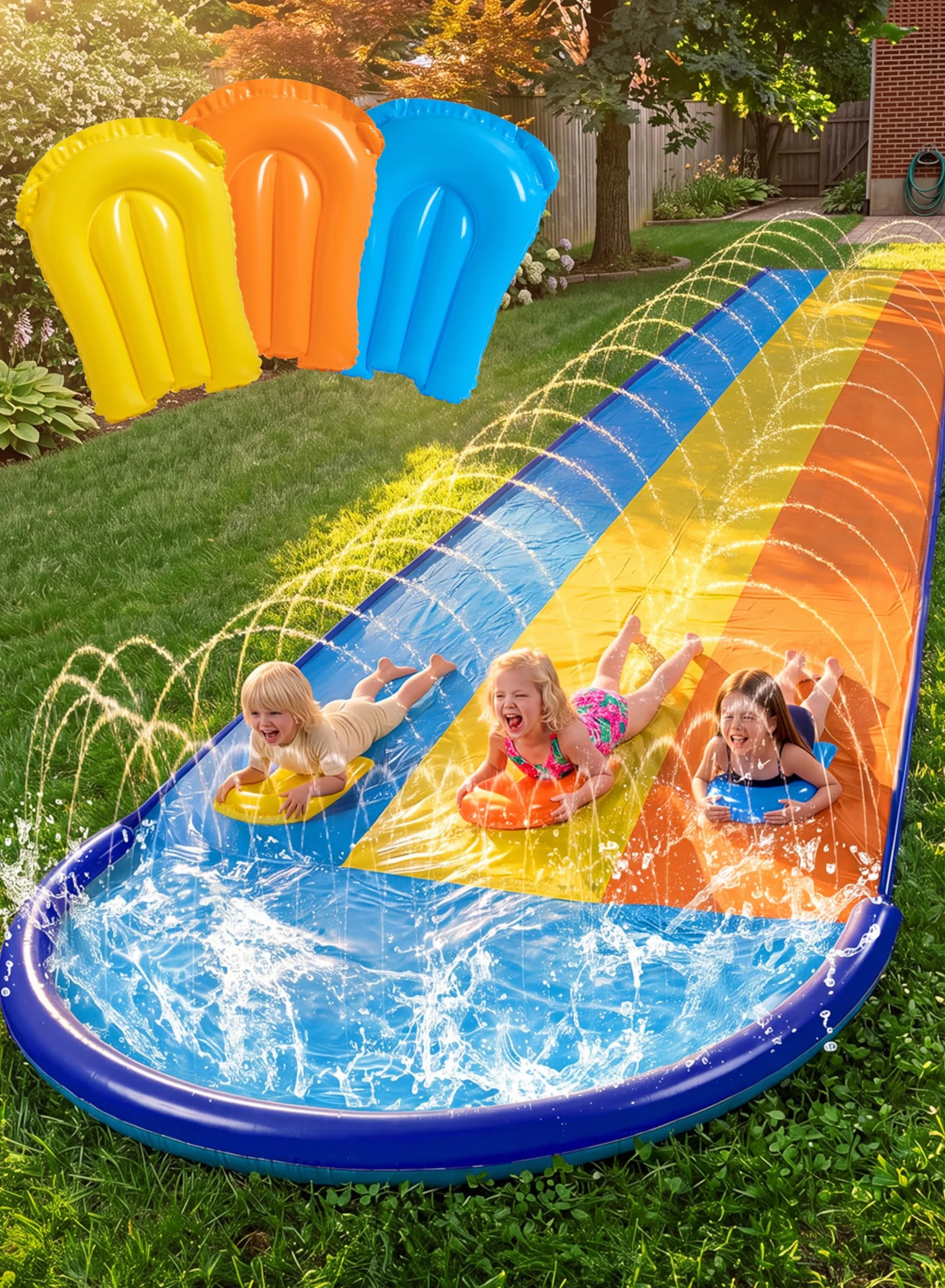 Sloosh 18ft/548cm Tobogán Triple con 3 Tablas, tobogán acuático para césped con rociador para niños y Adultos, Juguete de Verano para diversión al Aire Libre